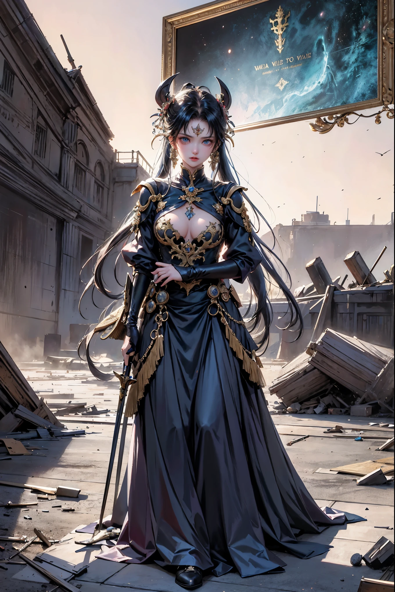 In this captivating and dark fantasy scene, a mysterious and seductive girl stands triumphantly amidst the chaos of a desolate battlefield. Surrounded by corpses and debris, she confidently wields two swords, her piercing blue eyes locked onto an unseen target. Her striking features are accentuated by her wavy messy bob, full lips, black eyeshadow, freckles, and multiple tattoos. With her vibrant colors and detailed features, this stunning image seamlessly blends alluring beauty with brutal violence, evoking a dark fantasy vibe reminiscent of anime. 