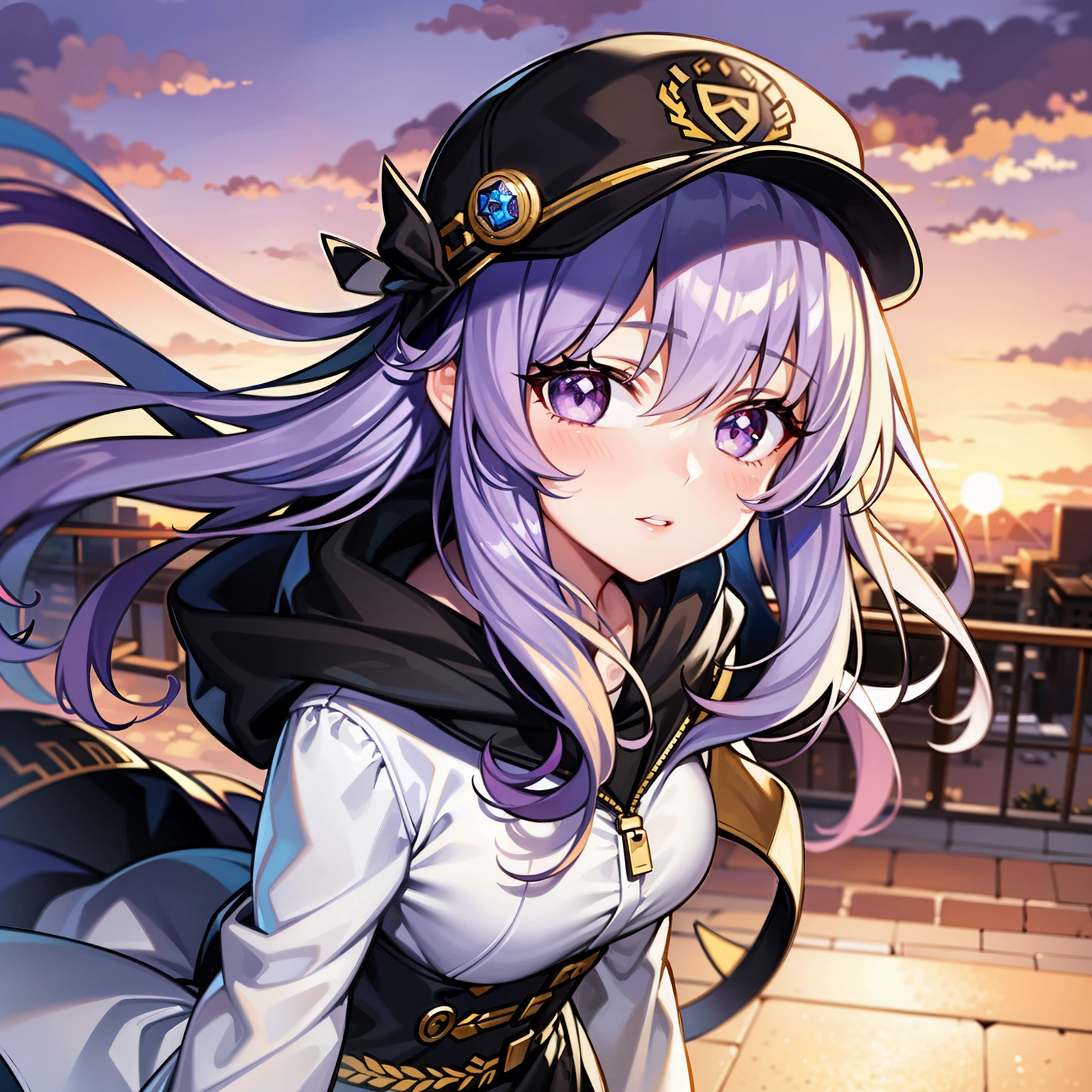 ((1girl, solo)), purple hair, long hair, purple eyes, grey, +_+, long sleeves, smile, (((parted lips))), hood down, (badge on hat), symbol-shaped pupils, looking at viewer, details eyes, absurdres, half body, ((sunset)), top view, (day time, sunny)