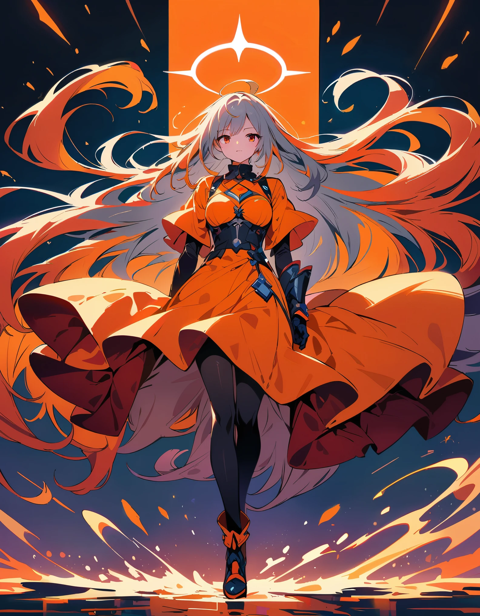 (masterpiece), best quality, Super detailed, illustration, Warm lighting, Vibrant colors, 1 Girl, Solitary, Very long hair, Gray hair, Orange Hair, Orange undercoat, Red Eyes, Colored undercoat, Two-tone hair, Ahog, Absurdly long hair, orange Colored undercoat, Colorful hair, Halo, , , Tights, Flowing hair, wind, Close one eye, staff, skirt, armor, hat, floating,, ,