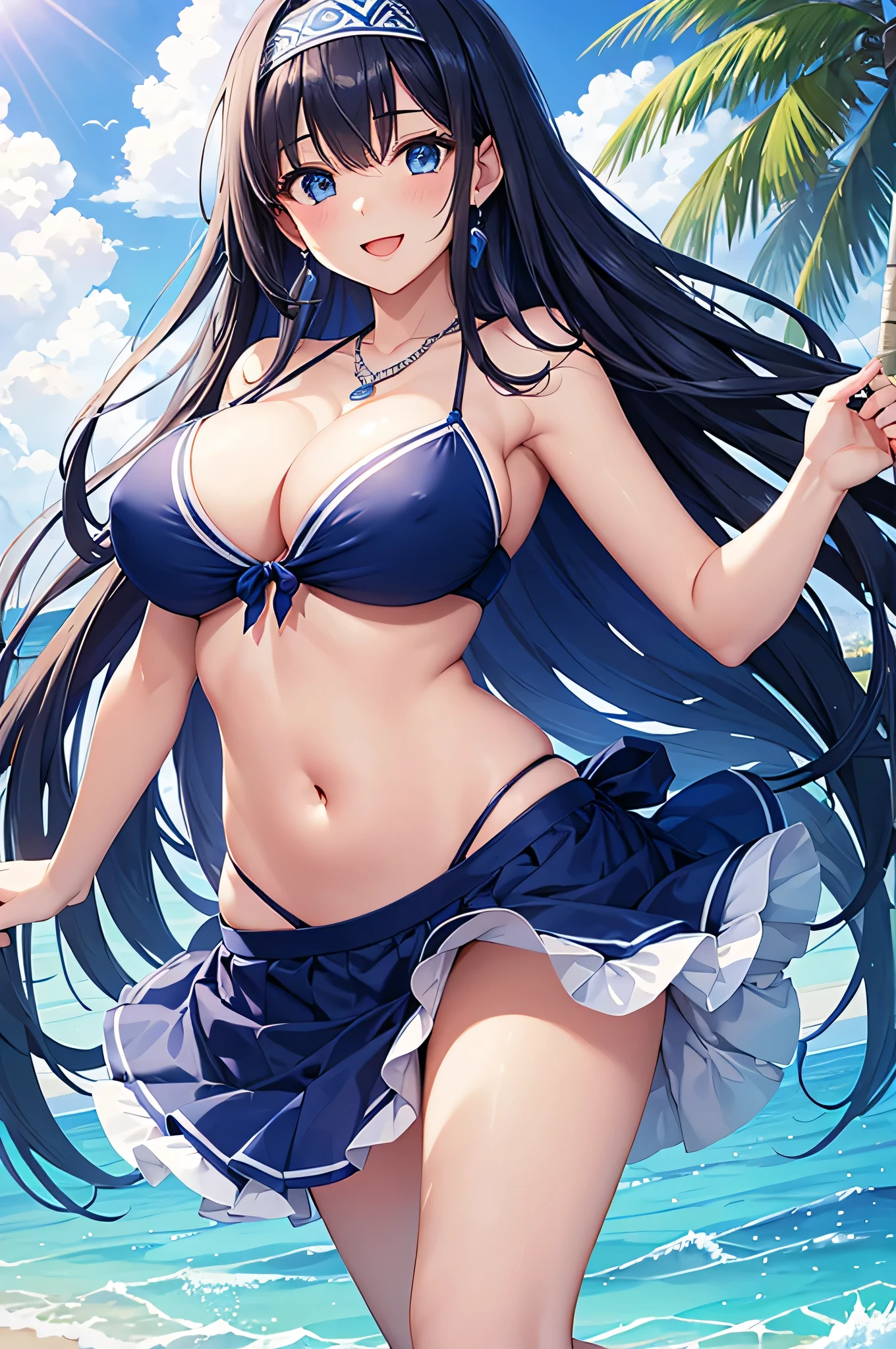 highest quality、Best image quality、masterpiece、beautiful girl、Navy blue long hair、blue eyes、Navy Blue Bikini、Big cleavage、(Big Breasts)、smile、blue necklace、Blue Earrings、background(Beach)、Sexy pose、Please open your mouth wide、Navy Blue Skirt、white headband、Dynamic Angle