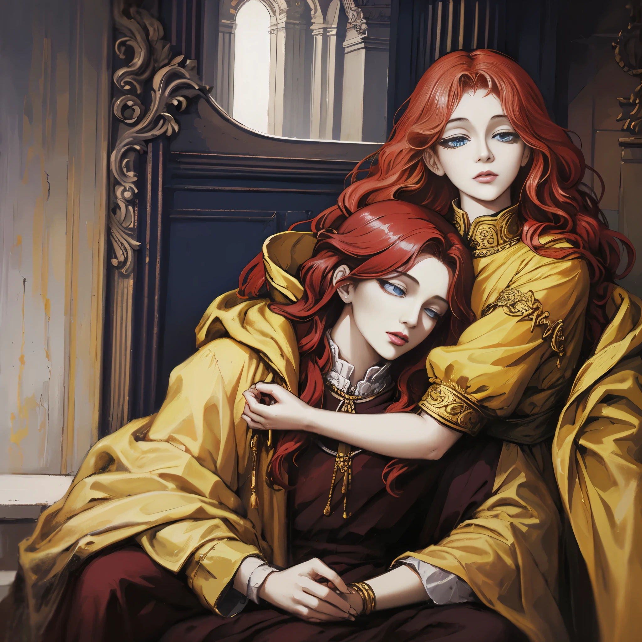 A girl with red hair and blue eyes, wearing noble clothes, with a gentle smile, in a Palace environment. (Eight years:1.8) [vibrant colors] [oil painting] [detailed background] [soft lighting] [high resolution] [elegant atmosphere] [beautifully detailed eyes] [beautifully detailed lips] [long eyelashes] hugging a young man with red hair, the young man has closed eyes and royal clothes, pale skin and enviable beauty