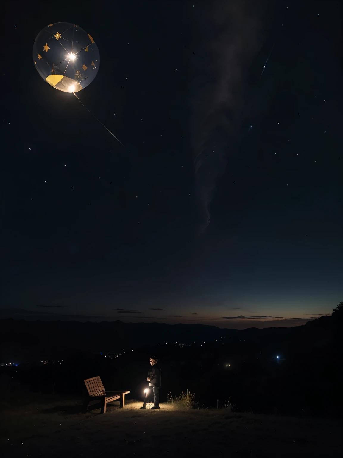 Un paisaje nocturno, con el cielo oscuro azulado, un chico sentado en una valla con un globo y una chica acostada en el cesped, ambos solo dibujados de negro