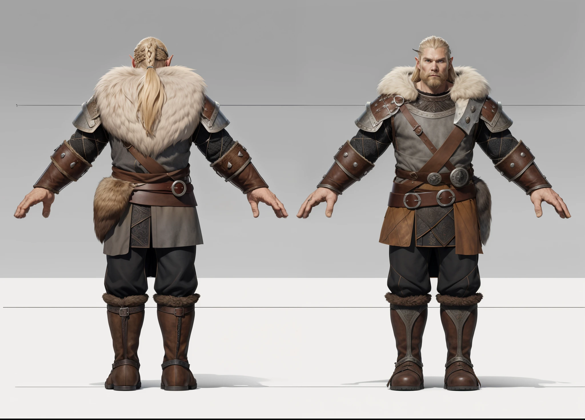 ( Realistic:1.33),(masterpiece:1.1),(highest quality:1.1),(HDR:1) a close up of a Tall Viking man with gambeson fur coat , detailed armor, old Cuirass engraved leather, intricate designs on the Cuirass, intricate Cuirass engravings, full body concept, detailed full body concept, old man Viking with a long braid, Viking style, Viking protective, Portrait of a Viking, Viking warrior, Viking culture, Nordic warrior, Viking costume, Ancient Viking warrior, Elven blond warrior, Epic Viking king , wearing Viking clothing, male Viking, with Machado, Nordic inspiration, Viking and Templar aesthetics, full body character concept,costume concept design, full body details, detailed full body concept art, full character body, character model sheet turnaround, fullbody shot turnaround, concept character sheet, full body concept art, reference model sheet , full body concept art, RPG style character, game character design, 3d character reference sheet, video game character concept, detailed character design, character sheet, [ character model sheet turnaround ], front and back, ((front and back)), grey clean background, 3D character, leather belt with leather knife bag, leather, leather armband, leather boots with fur, gambeson blue cloth, (viking warrior), ((barbarian)),(((wide chest)), (((animal fangs accessories))), leather waist armor, black shirt and trousers, leather shoulder armor