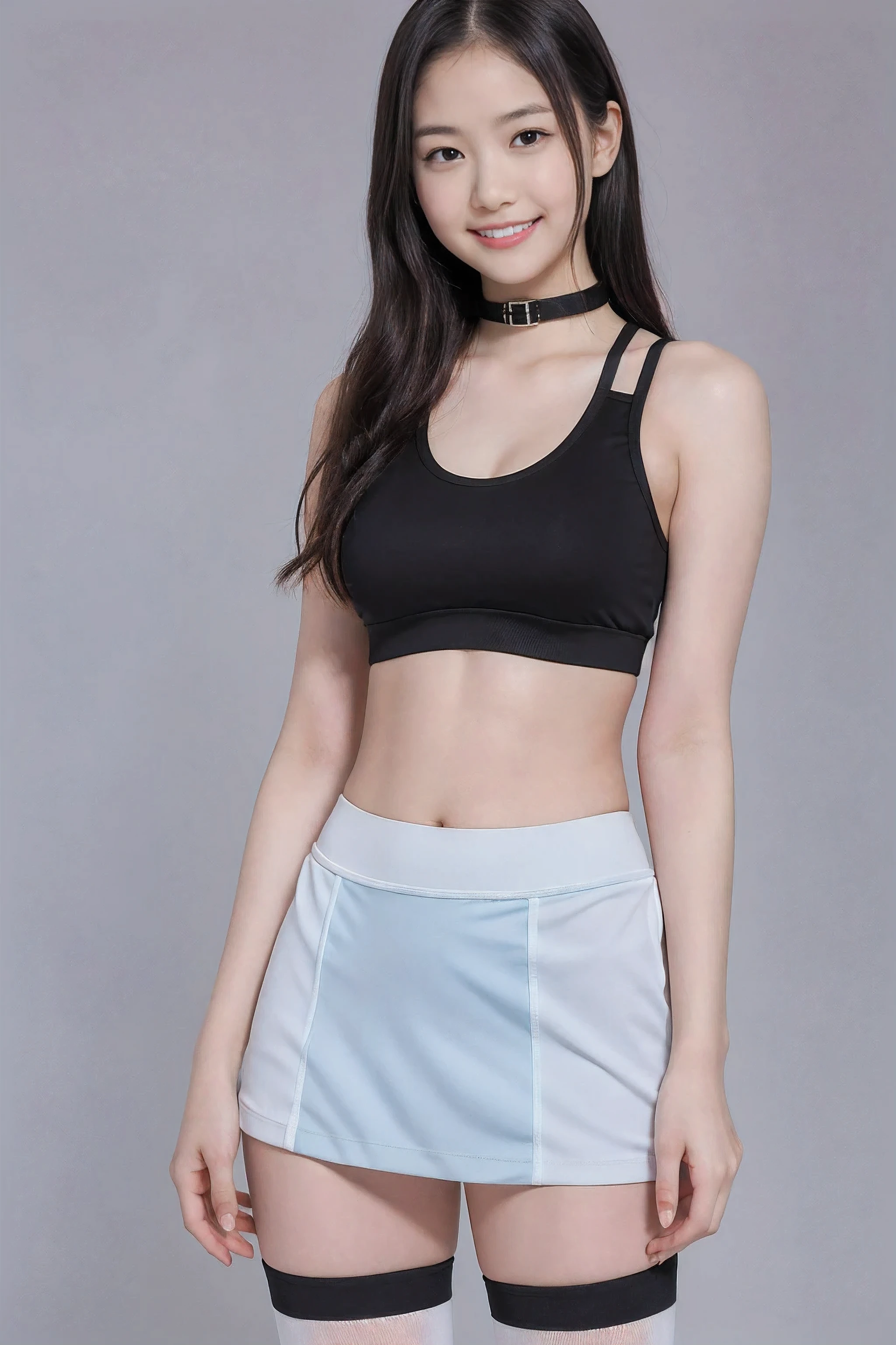 (8x_NMKD-Superscale_150000_G),(8K, Super high quality,highest quality),(masterpiece:1.5),(cowboy shot),1 girls, 16 years old, cheerleader, (((black collar))), (light blue sports bra, navel, socks), ((white short skirt, panties)), smiling, slender figure, beautiful twin-tailed girl