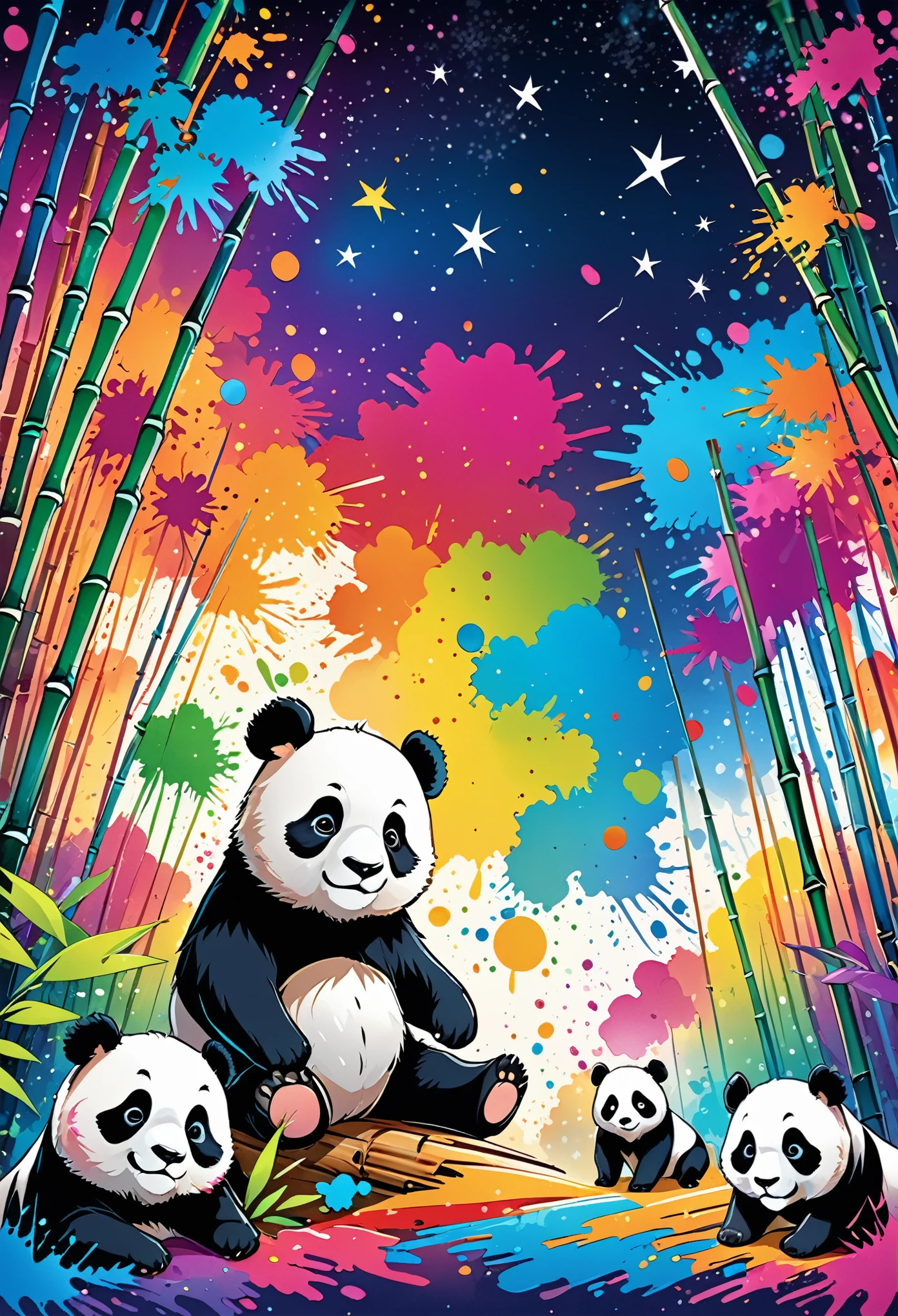 Vector Art, Colorful illustration with lots of cute pandas, In the center, Vibrant colors, Paint splatters and stains, High Detail,Bamboo forest starry sky background