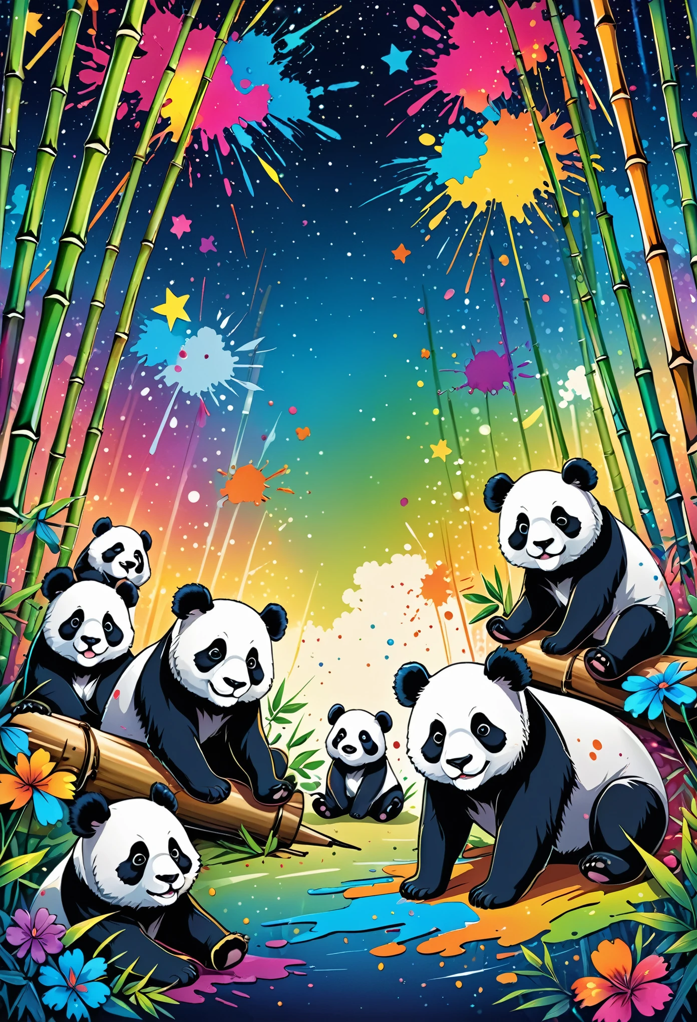 Vector Art, Colorful illustration with lots of cute pandas, In the center, Vibrant colors, Paint splatters and stains, High Detail,Bamboo forest starry sky background