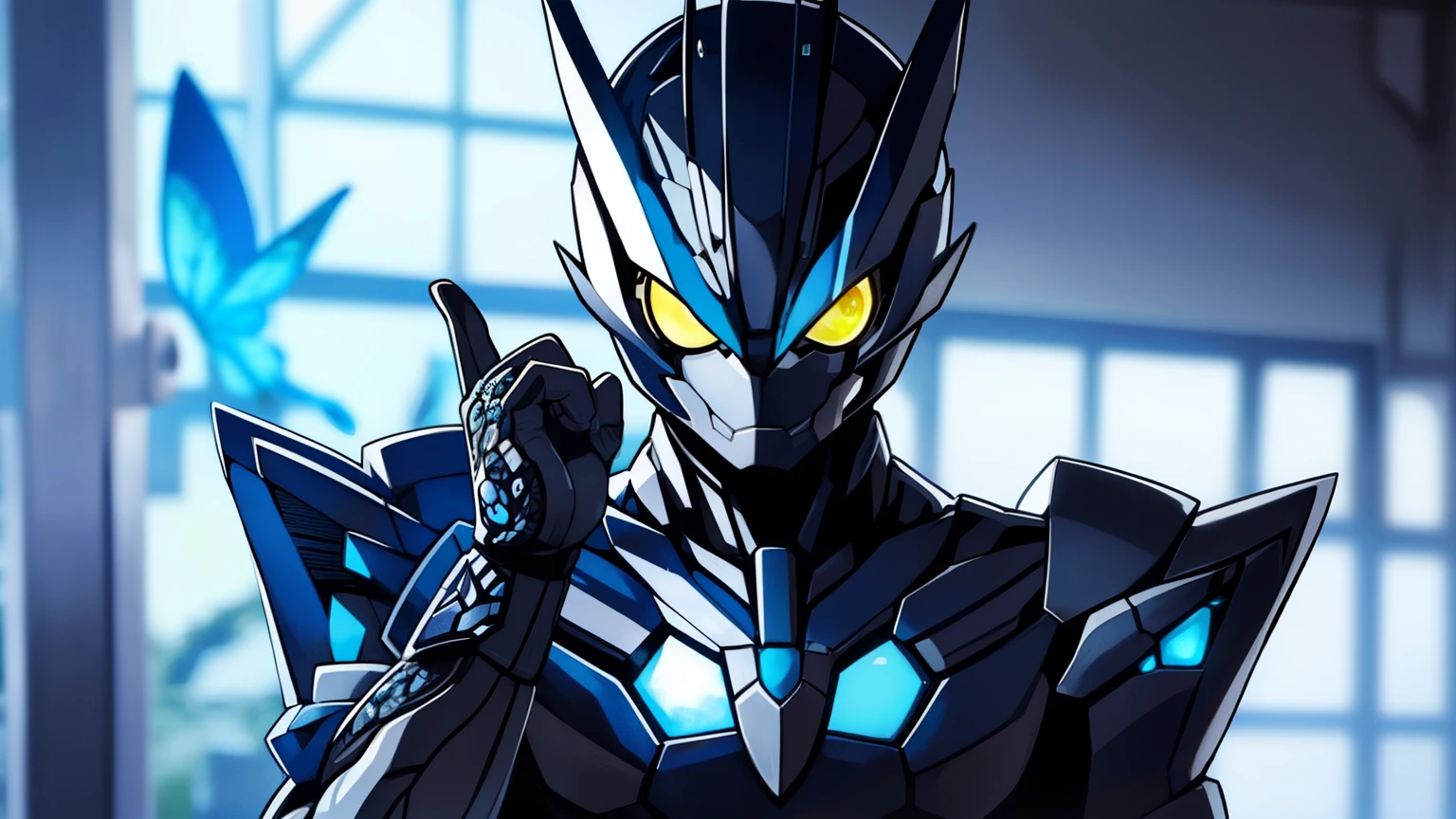 1female, kamen rider, black armor, blue hue, blue eyes, butterfly motif, black hole motif, futuristic, visual novel cg style, BREAK looking at viewer, BREAK (masterpiece:1.2), best quality, high resolution, unity' 8k wallpaper, (illustration:0.8), (beautiful detailed eyes:1.6), extremely detailed face, perfect lighting, extremely detailed CG, (perfect hands, perfect anatomy)