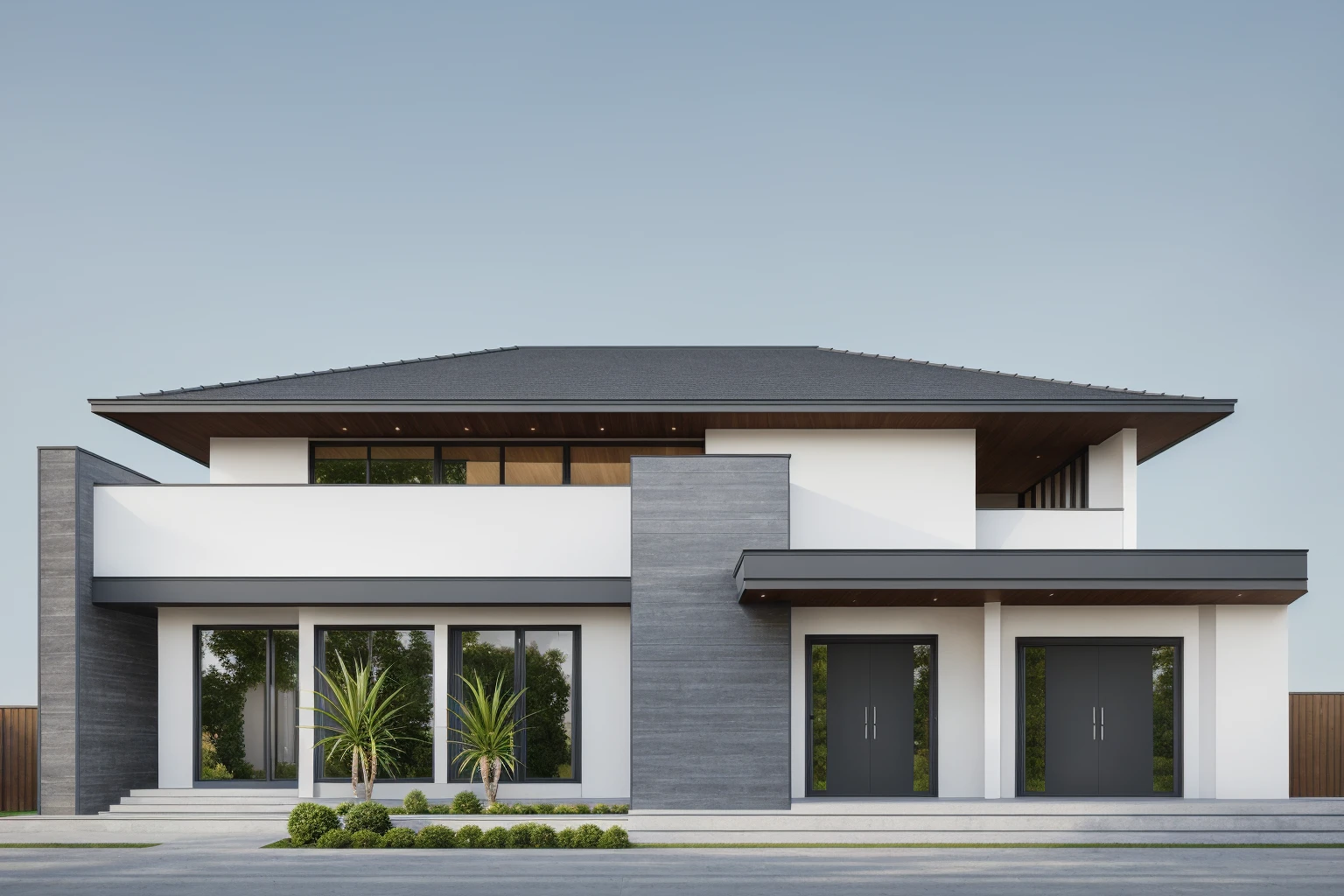 PLATFORM KTHOUSE, 1 morden villa, slope roof, main material of villa about build color wall:1.2 glass panel:1.1 and stone:1.2, 1large yard, 1 road runs in front of the house, (RAW photo, real, best quality, masterpiece:1.2), look morden minimalist, 1 road in front of the house, dynamic lighting:1.3, (hyper realistic, photo-realistic:1.2), high quality, perfect lighting, archdaily, no human, light at 12 noon:1.3, light in door:1.2, dayligh, dappled sunlight, beautyful shadow, tree shaded, romantic little flower