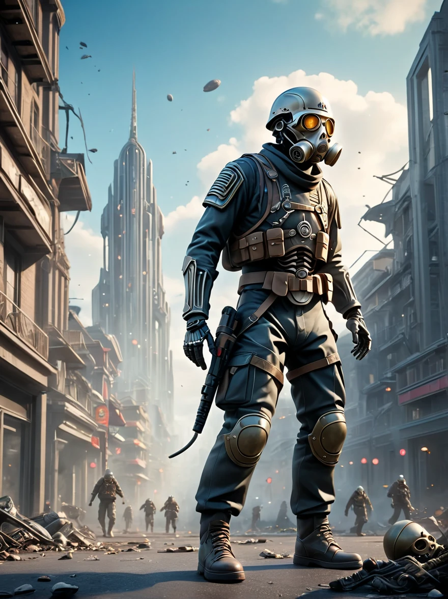 German skeleton soldier from WWII wearing a gas mask,Fight aliens in the streets of a futuristic city,The city was devastated,surrealism, UnrealEngine, high detail, atmospheric lighting, Futuristic metropolis, Long Shot(LS), Extra Long Shot(ELS),