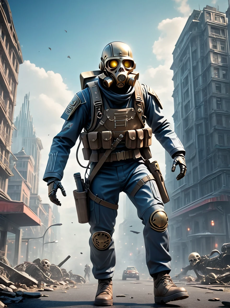 German skeleton soldier from WWII wearing a gas mask,Fight aliens in the streets of a futuristic city,The city was devastated,surrealism, UnrealEngine, high detail, atmospheric lighting, Futuristic metropolis, Long Shot(LS), Extra Long Shot(ELS),
