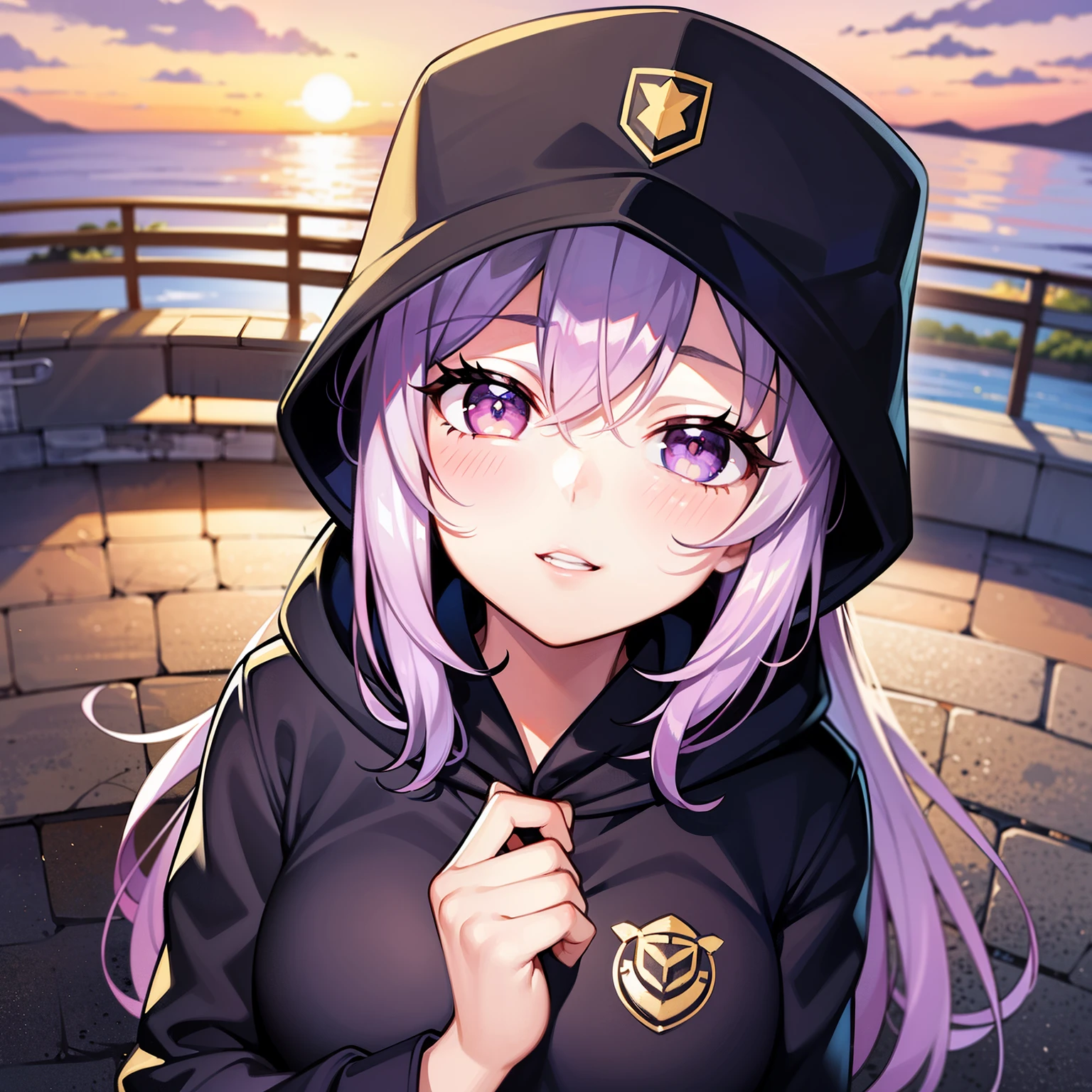 ((1girl, solo)), purple hair, long hair, purple eyes, grey, +_+, long sleeves, smile, (((parted lips))), hood down, (badge on hat), symbol-shaped pupils, looking at viewer, details eyes, absurdres, half body, ((sunset)), top view, (day time, sunny)