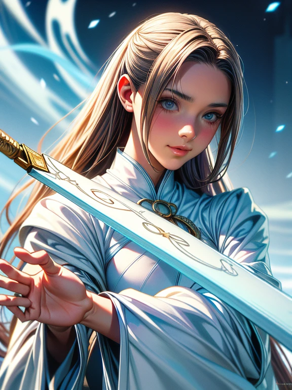 Close-up of a woman wearing a white dress and holding a sword, Portraits by Jan J, Trending on CGSociety, Fantasy art, Beautiful character drawings, artwork in the style of Gweitz, Gweitz, White Hanfu, Flowing white robes, Full body martial arts, Magnificent and elaborate character art, Amazing character art, beautiful female assassin