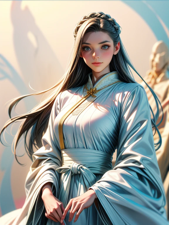 Close-up of a woman wearing a white dress and holding a sword, Portraits by Jan J, Trending on CGSociety, Fantasy art, Beautiful character drawings, artwork in the style of Gweitz, Gweitz, White Hanfu, Flowing white robes, Full body martial arts, Magnificent and elaborate character art, Amazing character art, beautiful female assassin