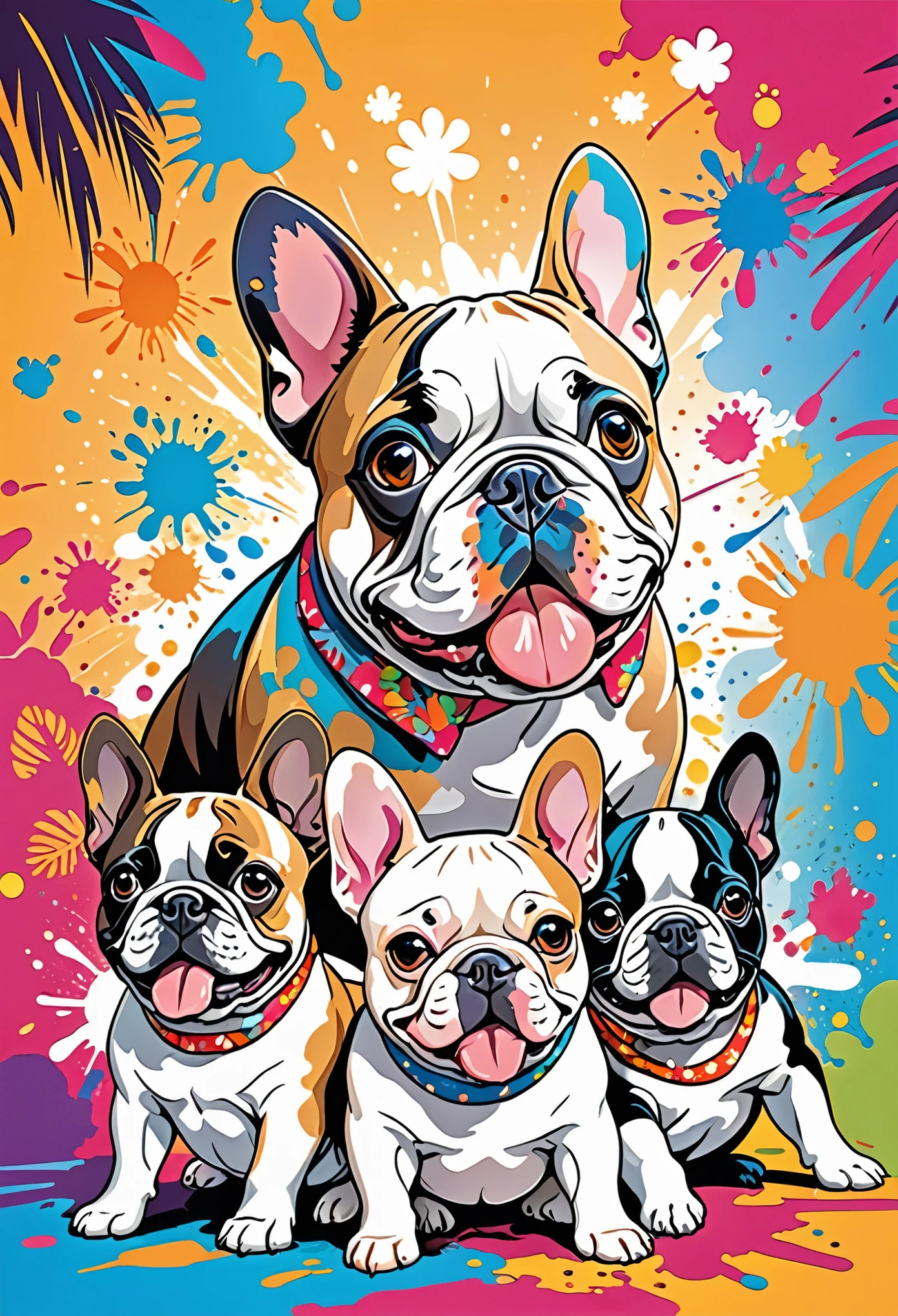 Vector Art, Colorful illustration with lots of cute French bulldogs, In the center, Vibrant colors, Paint splatters and stains, High Detail,Hawaiian style background
