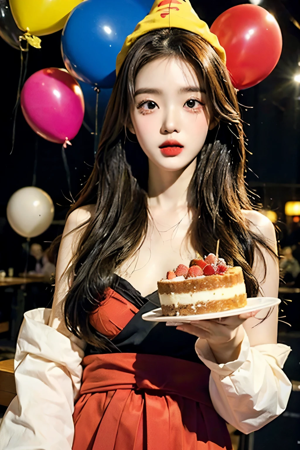masterpiece、best quality、movie、(cute japanese girl、forehead:1.3)、23 years old、1 girl、elegant、black hair、(dinner:1.1)、Birthday Cake, party hat, number balloons, Colorful backgrounds, Color Explosion,