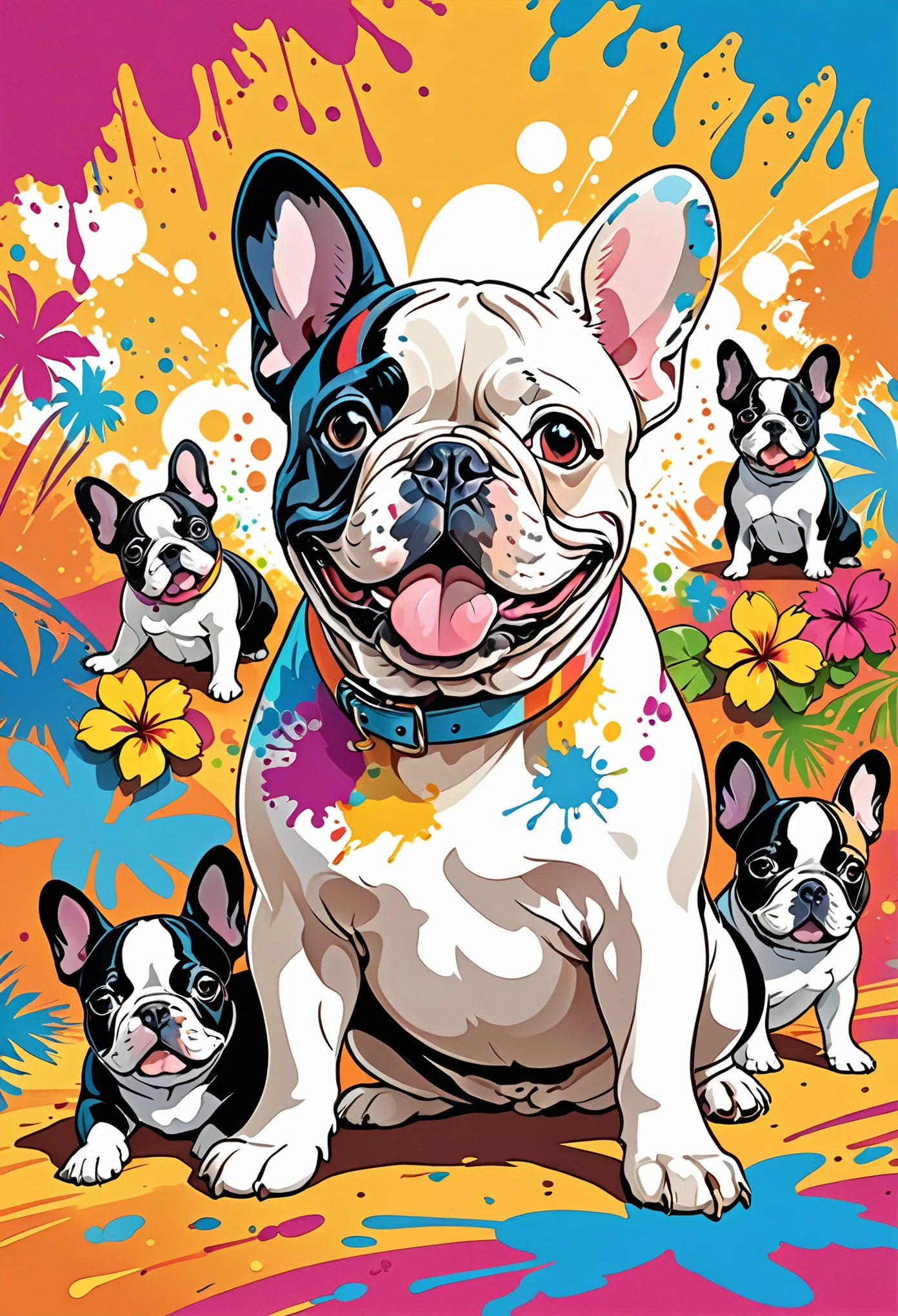 Vector Art, Colorful illustration with lots of cute French bulldogs, In the center, Vibrant colors, Paint splatters and stains, High Detail,Hawaiian style background
