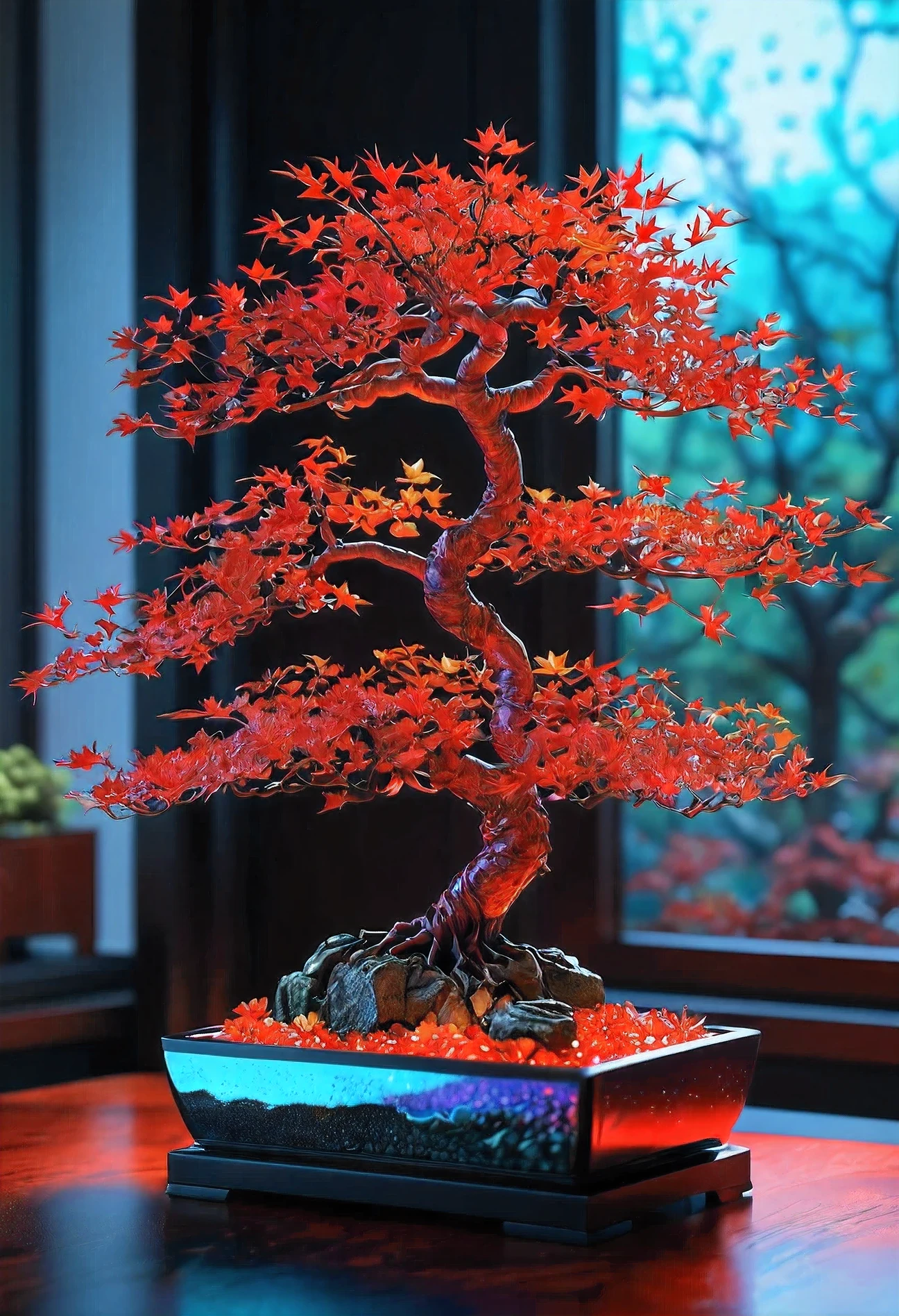 Holographic art,
HD Textures,
photography,
Detailed reflection,
Colorful crystal red maple bonsai dynamic color ambient light,best quality,High Detail, Ultra HD,The finest details