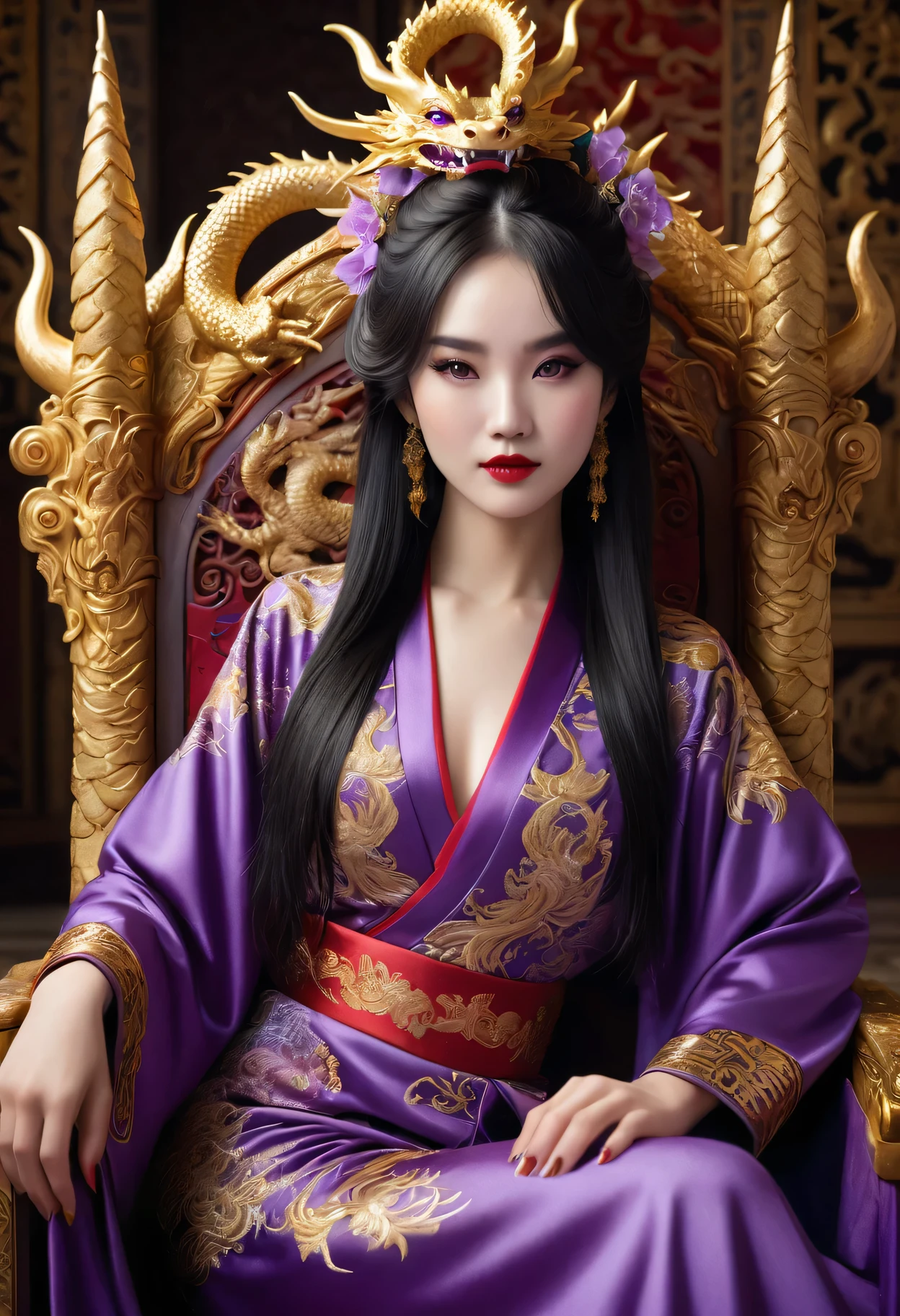 A girl with yandere-like personality sitting on a dragon throne, wearing a golden silk embroidered robe, in a palace background, surrounded by luxurious decor and intricate details. She has unnaturally bright and intense purple eyes that seem to glow with madness. The girl's lips are painted with deep red lipstick, enhancing her eerie beauty. Her pure white skin is flawless and porcelain-like. She has long, flowing obsidian black hair that cascades down her shoulders. Her face displays a mix of innocence and obsession, with a delicate yet sinister smile. The girl's attire is an exquisite dragon robe made of shimmering golden silk, adorned with intricate embroidery of mythical creatures and floral patterns. The dragon throne she sits on is magnificent and imposing, intricately carved with intricate designs of dragons and other mythical creatures. The palace background is grand and opulent, with towering columns, elaborate chandeliers, and tapestries depicting epic battles and beautiful landscapes. The lighting in the scene is dim and mysterious, casting dramatic shadows and highlighting the girl's captivating presence. The overall color tone of the image is rich and vibrant, with a regal palette of gold, purple, and deep red. The image quality is the best, with ultra-fine details and realistic rendering. 