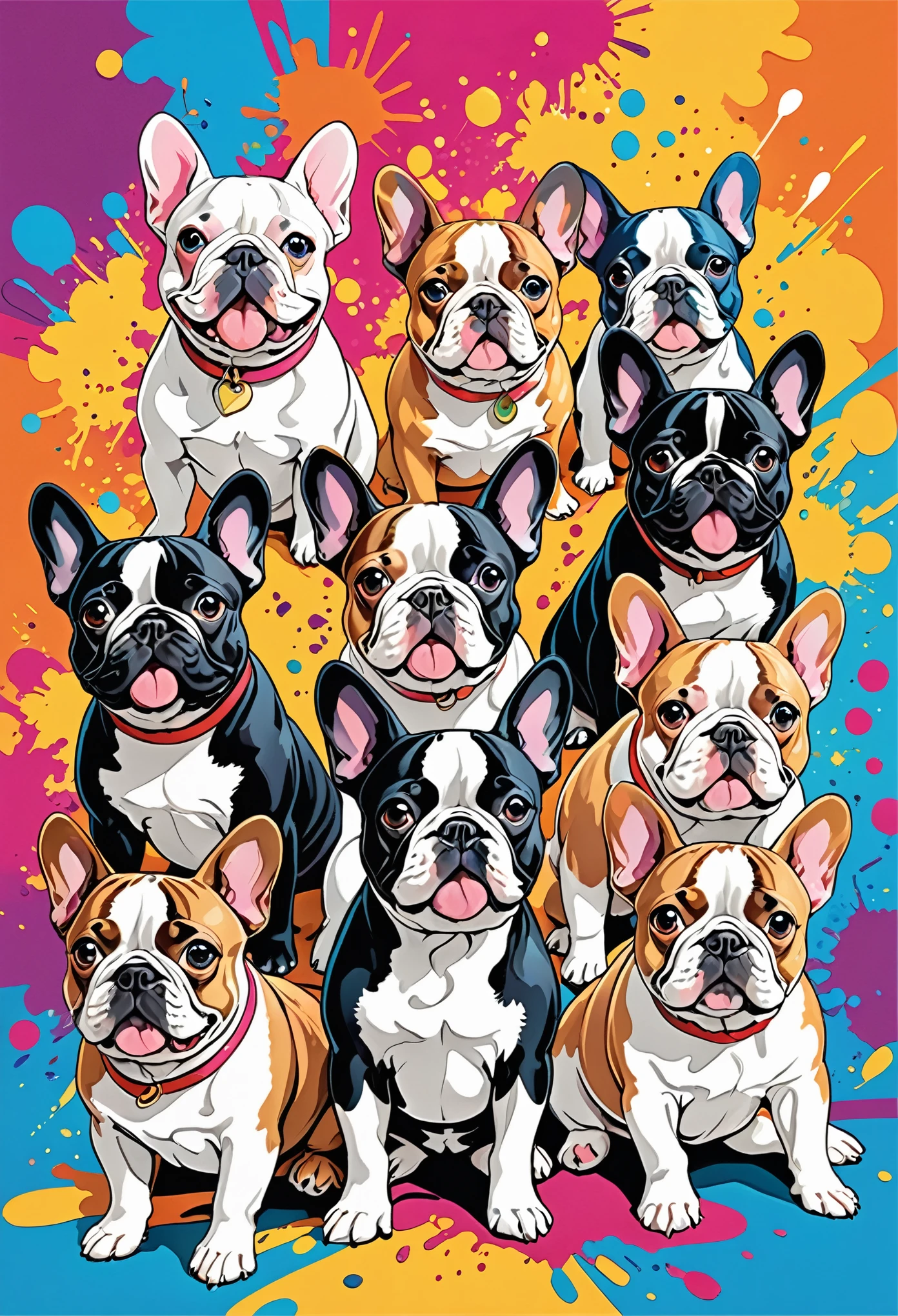 Vector Art, Colorful illustration with lots of cute French bulldogs, In the center, Vibrant colors, Paint splatters and stains, High Detail,Hawaiian style background