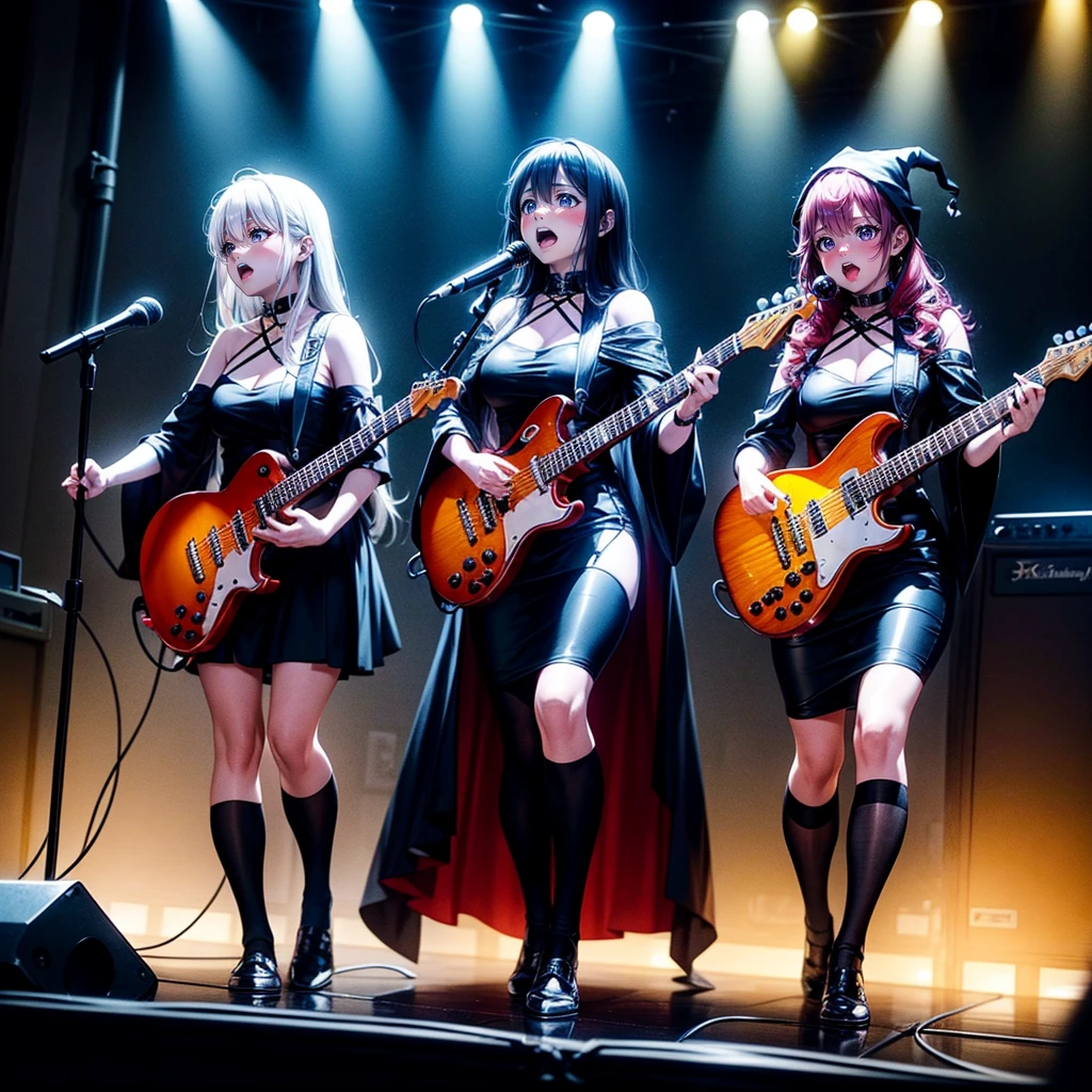 A three-woman metal band dressed in witch costumes、Arrived in Japan and held a mass at a live venue、Neck slashing pose、The intense performance was a huge success、Metal band performance、Fearless expression、Live venue lighting、The band&#39;s concept was a reaction to the witch hunts that swept through medieval Europe.、Guitar 1