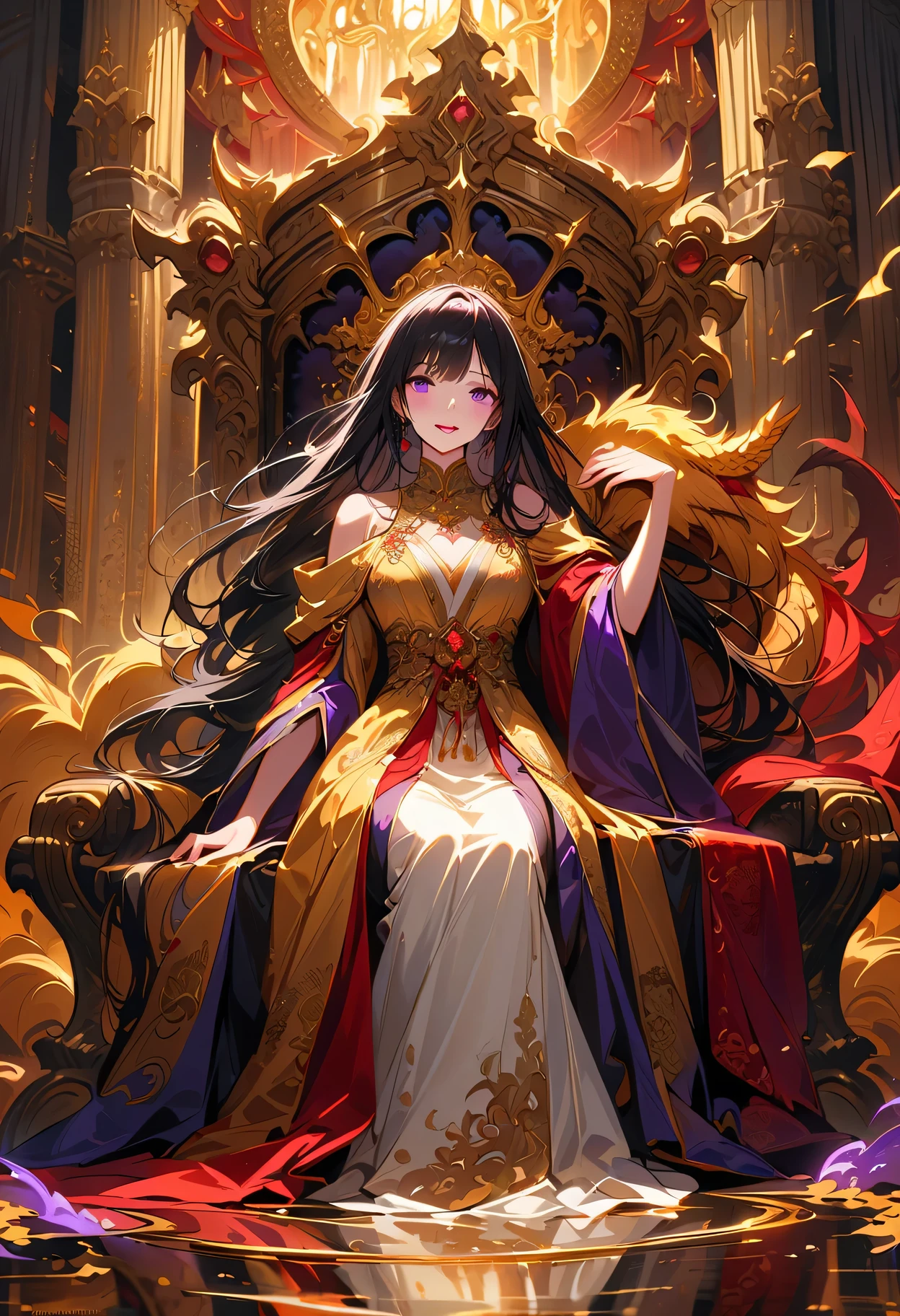 A girl with yandere-like personality sitting on a dragon throne, wearing a golden silk embroidered robe, in a palace background, surrounded by luxurious decor and intricate details. She has unnaturally bright and intense purple eyes that seem to glow with madness. The girl's lips are painted with deep red lipstick, enhancing her eerie beauty. Her pure white skin is flawless and porcelain-like. She has long, flowing obsidian black hair that cascades down her shoulders. Her face displays a mix of innocence and obsession, with a delicate yet sinister smile. The girl's attire is an exquisite dragon robe made of shimmering golden silk, adorned with intricate embroidery of mythical creatures and floral patterns. The dragon throne she sits on is magnificent and imposing, intricately carved with intricate designs of dragons and other mythical creatures. The palace background is grand and opulent, with towering columns, elaborate chandeliers, and tapestries depicting epic battles and beautiful landscapes. The lighting in the scene is dim and mysterious, casting dramatic shadows and highlighting the girl's captivating presence. The overall color tone of the image is rich and vibrant, with a regal palette of gold, purple, and deep red. The image quality is the best, with ultra-fine details and realistic rendering.