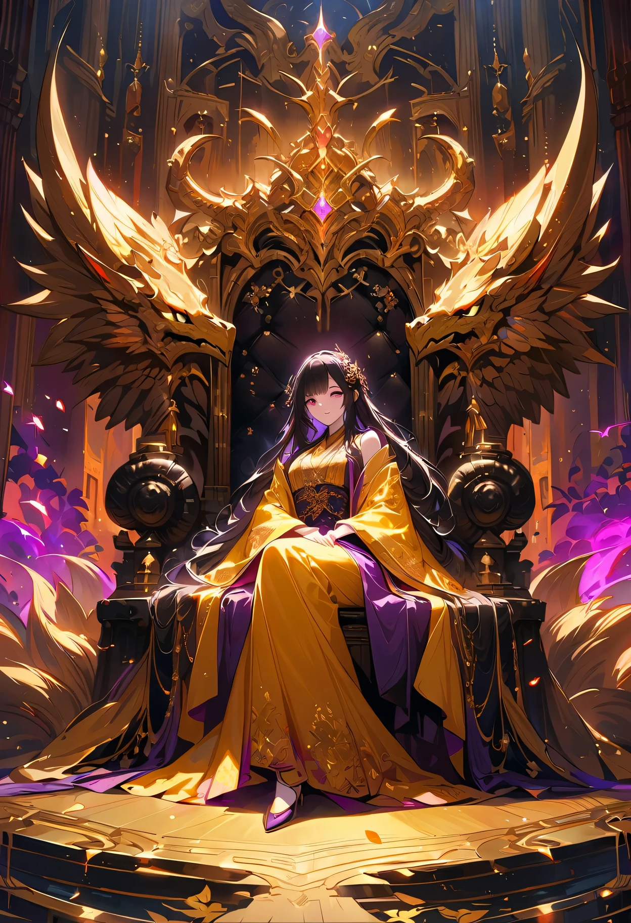 A girl with yandere-like personality sitting on a dragon throne, wearing a golden silk embroidered robe, in a palace background, surrounded by luxurious decor and intricate details. She has unnaturally bright and intense purple eyes that seem to glow with madness. The girl's lips are painted with deep red lipstick, enhancing her eerie beauty. Her pure white skin is flawless and porcelain-like. She has long, flowing obsidian black hair that cascades down her shoulders. Her face displays a mix of innocence and obsession, with a delicate yet sinister smile. The girl's attire is an exquisite dragon robe made of shimmering golden silk, adorned with intricate embroidery of mythical creatures and floral patterns. The dragon throne she sits on is magnificent and imposing, intricately carved with intricate designs of dragons and other mythical creatures. The palace background is grand and opulent, with towering columns, elaborate chandeliers, and tapestries depicting epic battles and beautiful landscapes. The lighting in the scene is dim and mysterious, casting dramatic shadows and highlighting the girl's captivating presence. The overall color tone of the image is rich and vibrant, with a regal palette of gold, purple, and deep red. The image quality is the best, with ultra-fine details and realistic rendering.