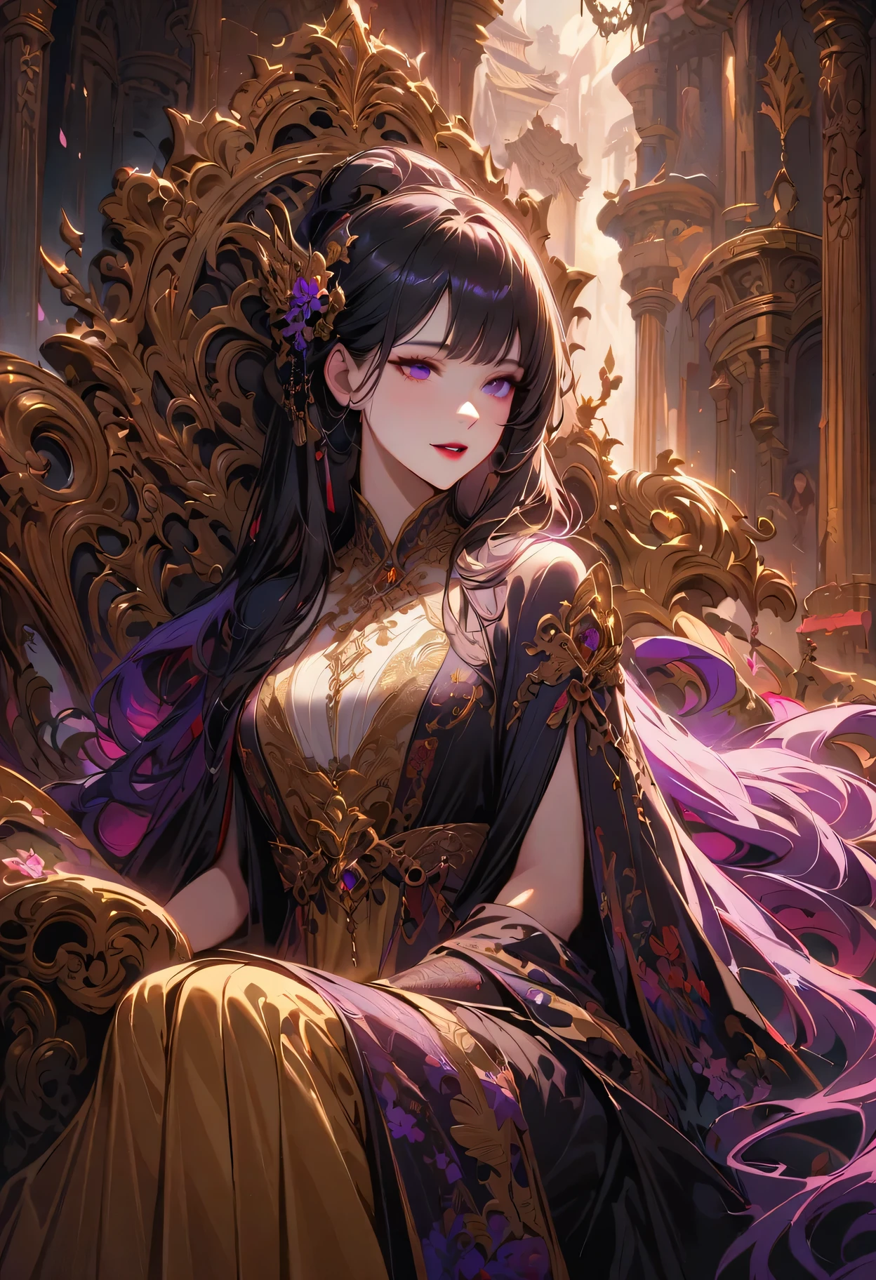 A girl with yandere-like personality sitting on a dragon throne, wearing a golden silk embroidered robe, in a palace background, surrounded by luxurious decor and intricate details. She has unnaturally bright and intense purple eyes that seem to glow with madness. The girl's lips are painted with deep red lipstick, enhancing her eerie beauty. Her pure white skin is flawless and porcelain-like. She has long, flowing obsidian black hair that cascades down her shoulders. Her face displays a mix of innocence and obsession, with a delicate yet sinister smile. The girl's attire is an exquisite dragon robe made of shimmering golden silk, adorned with intricate embroidery of mythical creatures and floral patterns. The dragon throne she sits on is magnificent and imposing, intricately carved with intricate designs of dragons and other mythical creatures. The palace background is grand and opulent, with towering columns, elaborate chandeliers, and tapestries depicting epic battles and beautiful landscapes. The lighting in the scene is dim and mysterious, casting dramatic shadows and highlighting the girl's captivating presence. The overall color tone of the image is rich and vibrant, with a regal palette of gold, purple, and deep red. The image quality is the best, with ultra-fine details and realistic rendering.