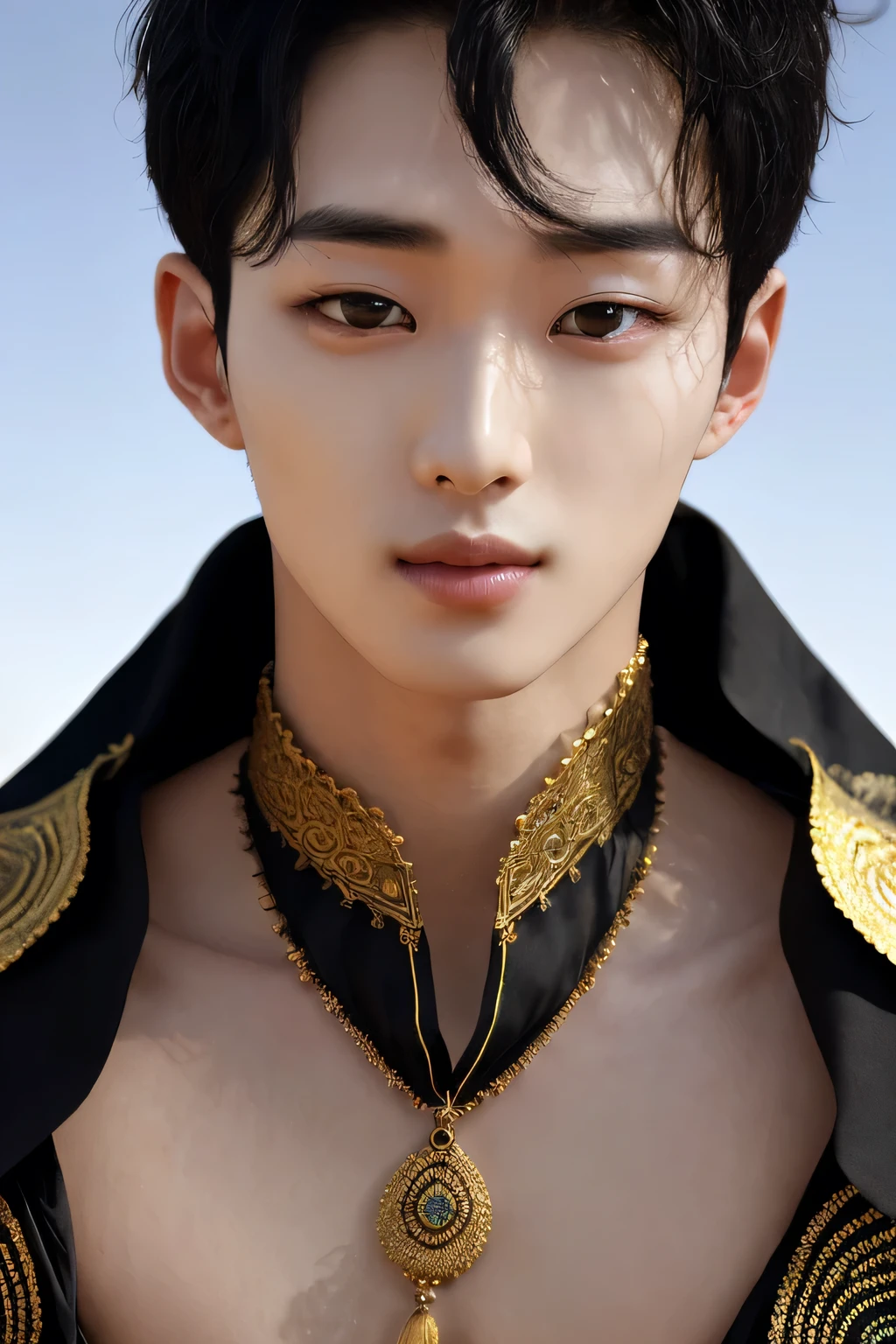 cuteoppa, (Absurdres, intricate details, masterpiece, best quality, high resolution, 8k), (1boy), detailed face, lean body, kind and gentle demeanor, pale skin, black hair, sexy gypsy outfit, exhaustive details, Depth of field, VFX, desert background, oasis, middle eastern theme, looking at viewer,  handsome, closed mouth, sexy