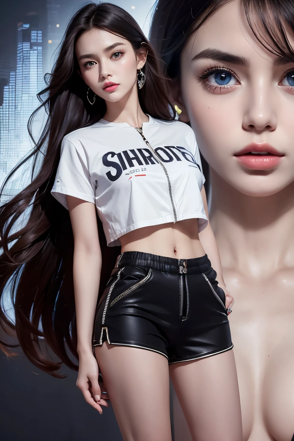 Reality,European and American Girls,,fit,Smooth skin,Shorts,Black cropped trousers,Multi-button,zipper,button,Letter Diamond Stickers,Complex workmanship,Fabric material,icon,company logo,background,City of the Future,High zoom