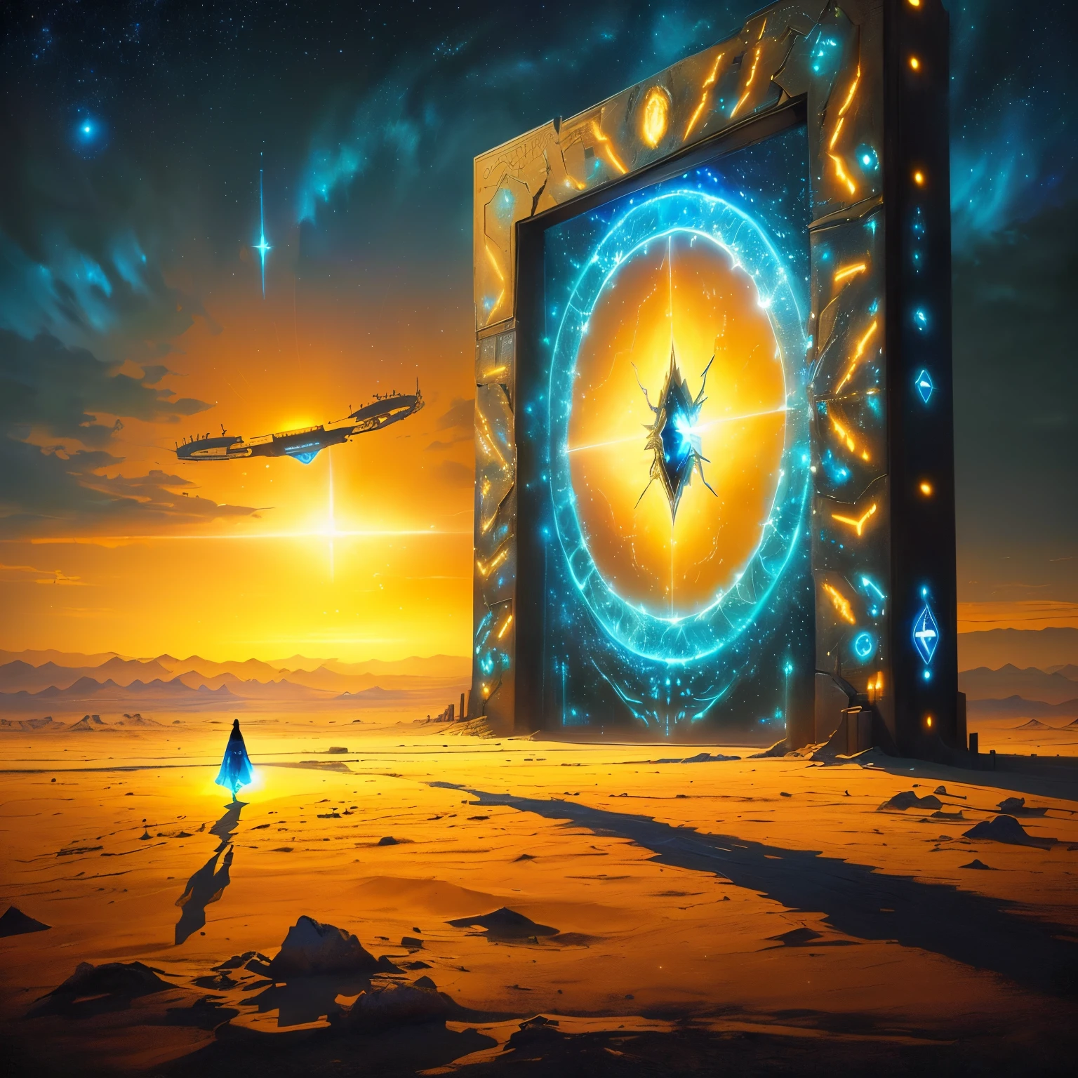 An artistic painting inspired by the Starket series, of a star gate. A woman is trying to cross a place that does not resemble Earth. The woman is raised in the sky. Lack of gravity. The gate is decorated with luminous talismans and a strange language in blue. The gate is very huge, an empty desert.