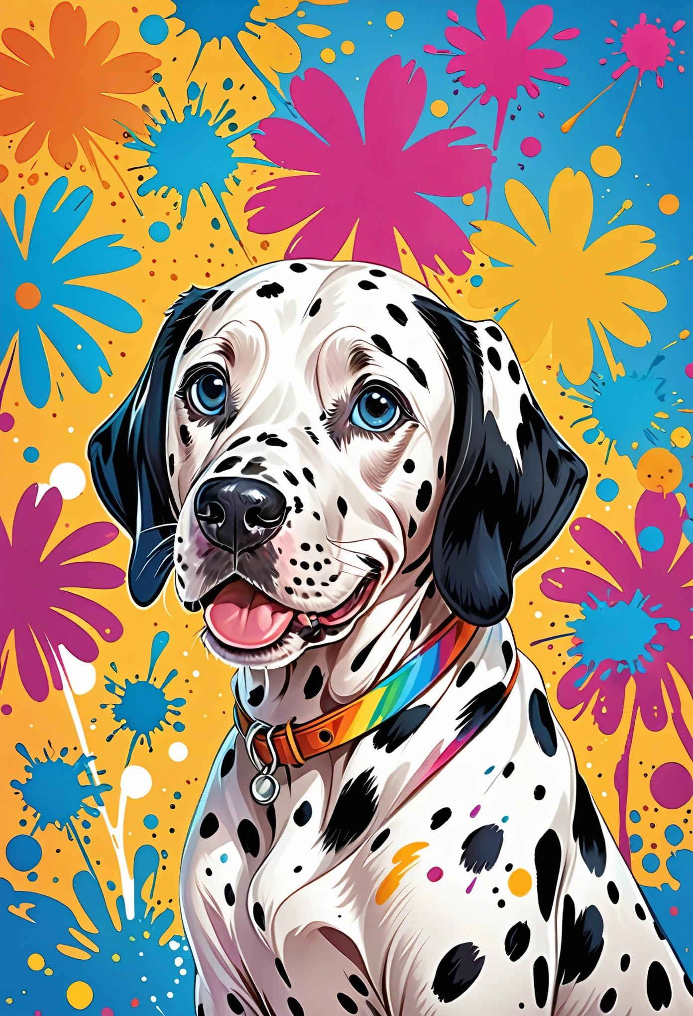 Vector Art, Colorful illustration with lots of cute dalmatians, In the center, Vibrant colors, Paint splatters and stains, High Detail,Hawaiian style background
