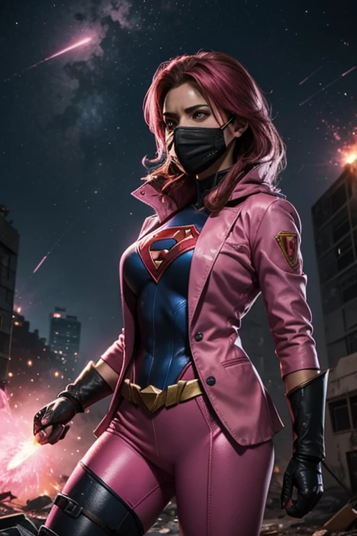 (A superheroine in a pink suit), fights a masked villain, in a post-apocalyptic world, surrounded by zombies and explosions while a meteor shower falls around her.