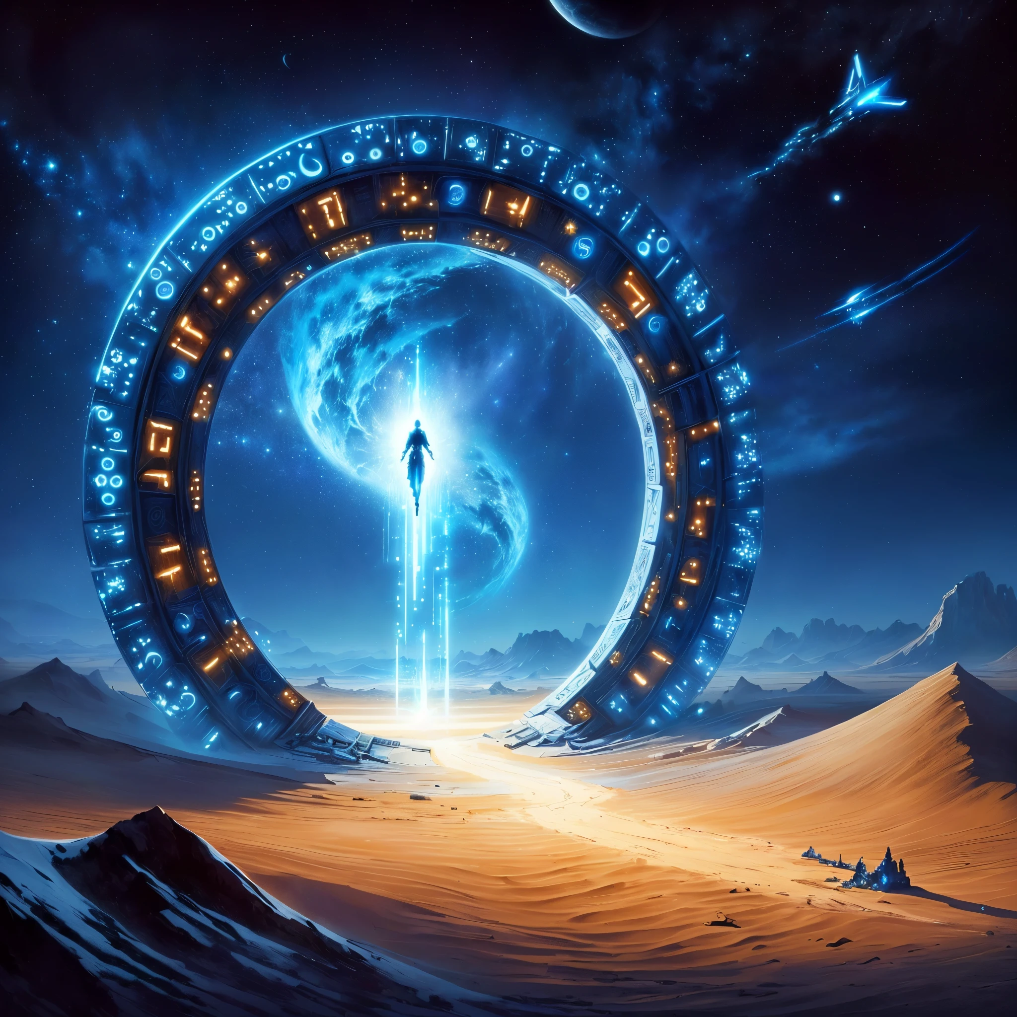 An artistic painting inspired by the Starket series, of a star gate. A woman is trying to cross a place that does not resemble Earth. The woman is raised in the sky. Lack of gravity. The gate is decorated with luminous talismans and a strange language in blue. The gate is very huge, an empty desert.