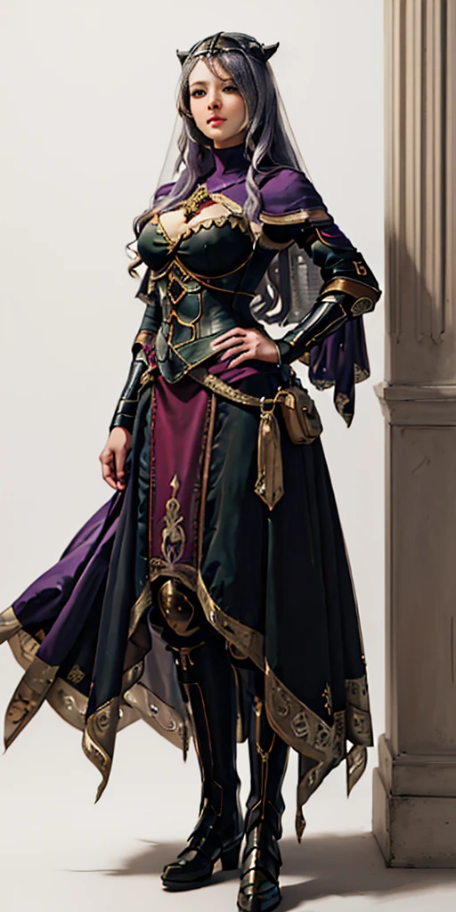 ((Masterpiece, white background)) full body of a woman in a dress with a veil, feet together, standing feet together, military boots, beautiful fantasy maiden slave warrior, beautiful fantasy art portrait, fantasy victorian art, medieval fantasy art, beautiful and elegant queen, portrait of queen of light, fantasy portrait art, gothic fantasy art, a beautiful fantasy empress, hands on hips (Camilla)