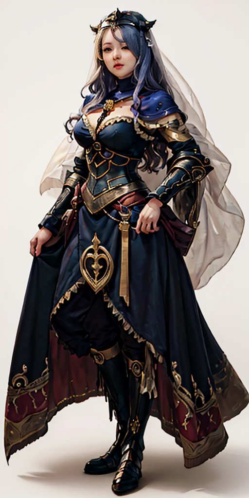 ((Masterpiece, white background)) full body of a woman in a dress with a veil, feet together, standing feet together, military boots, beautiful fantasy maiden slave warrior, beautiful fantasy art portrait, fantasy victorian art, medieval fantasy art, beautiful and elegant queen, portrait of queen of light, fantasy portrait art, gothic fantasy art, a beautiful fantasy empress, hands on hips (Camilla)