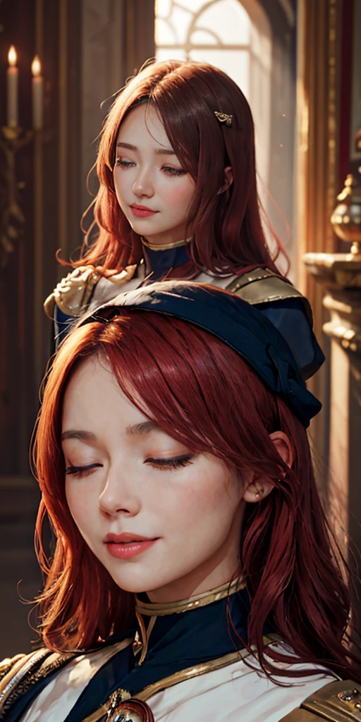 A girl with red hair and blue eyes, wearing noble clothes, with a gentle smile, in a Palace environment. (Eight :1.8) [vibrant colors] [oil painting] [detailed background] [soft lighting] [high resolution] [elegant atmosphere] [beautifully detailed eyes] [beautifully detailed lips] [long eyelashes] hugging a young man with red hair, the young man has closed eyes and royal clothes, pale skin and enviable beauty
