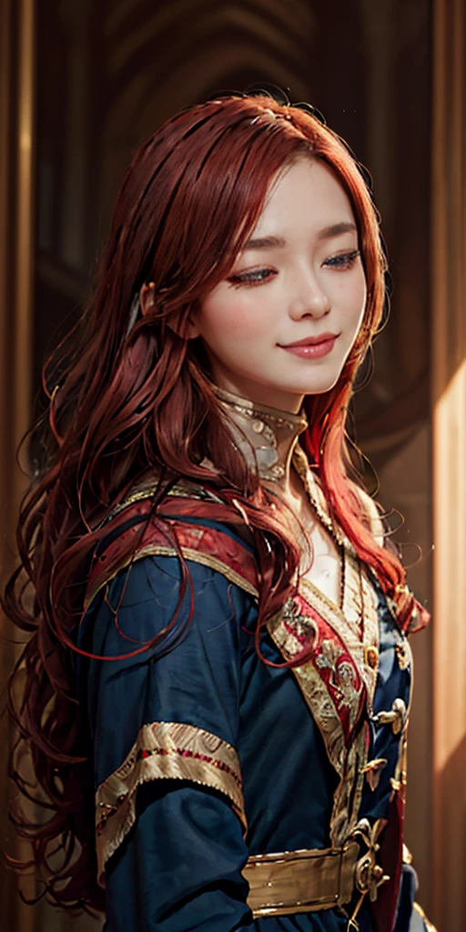 A girl with red hair and blue eyes, wearing noble clothes, with a gentle smile, in a Palace environment. (Eight years:1.8) [vibrant colors] [oil painting] [detailed background] [soft lighting] [high resolution] [elegant atmosphere] [beautifully detailed eyes] [beautifully detailed lips] [long eyelashes] hugging a young man with red hair, the young man has closed eyes and royal clothes, pale skin and enviable beauty