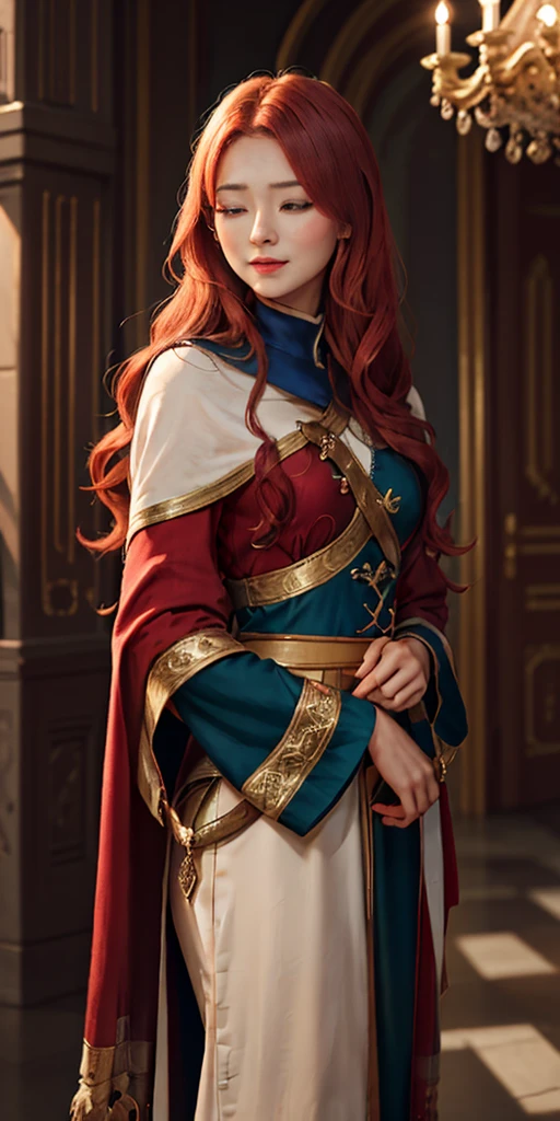 A girl with red hair and blue eyes, wearing noble clothes, with a gentle smile, in a Palace environment. (Eight years:1.8) [vibrant colors] [oil painting] [detailed background] [soft lighting] [high resolution] [elegant atmosphere] [beautifully detailed eyes] [beautifully detailed lips] [long eyelashes] hugging a young man with red hair, the young man has closed eyes and royal clothes, pale skin and enviable beauty