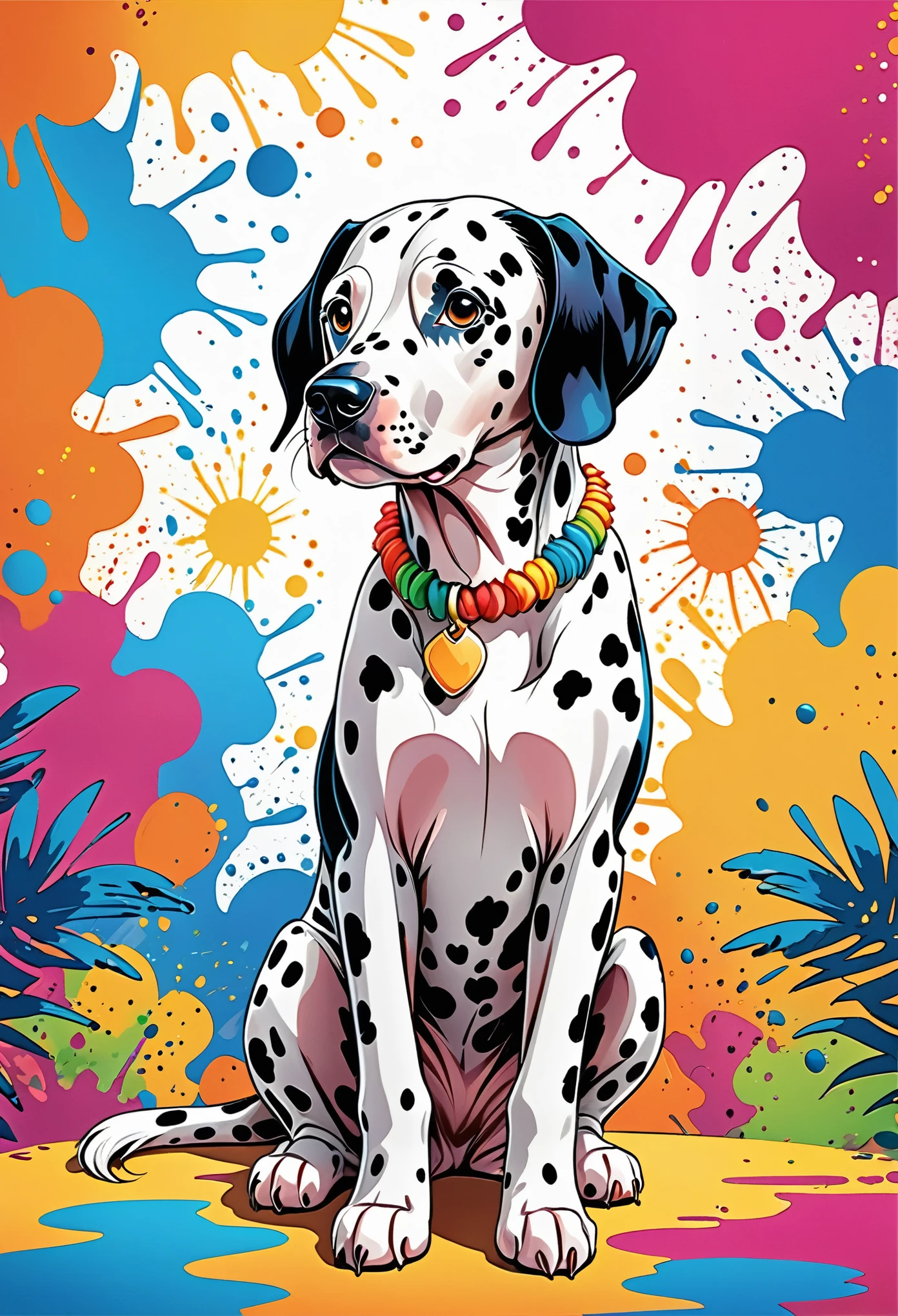 Vector Art, Colorful illustration with lots of cute dalmatians, In the center, Vibrant colors, Paint splatters and stains, High Detail,Hawaiian style background
