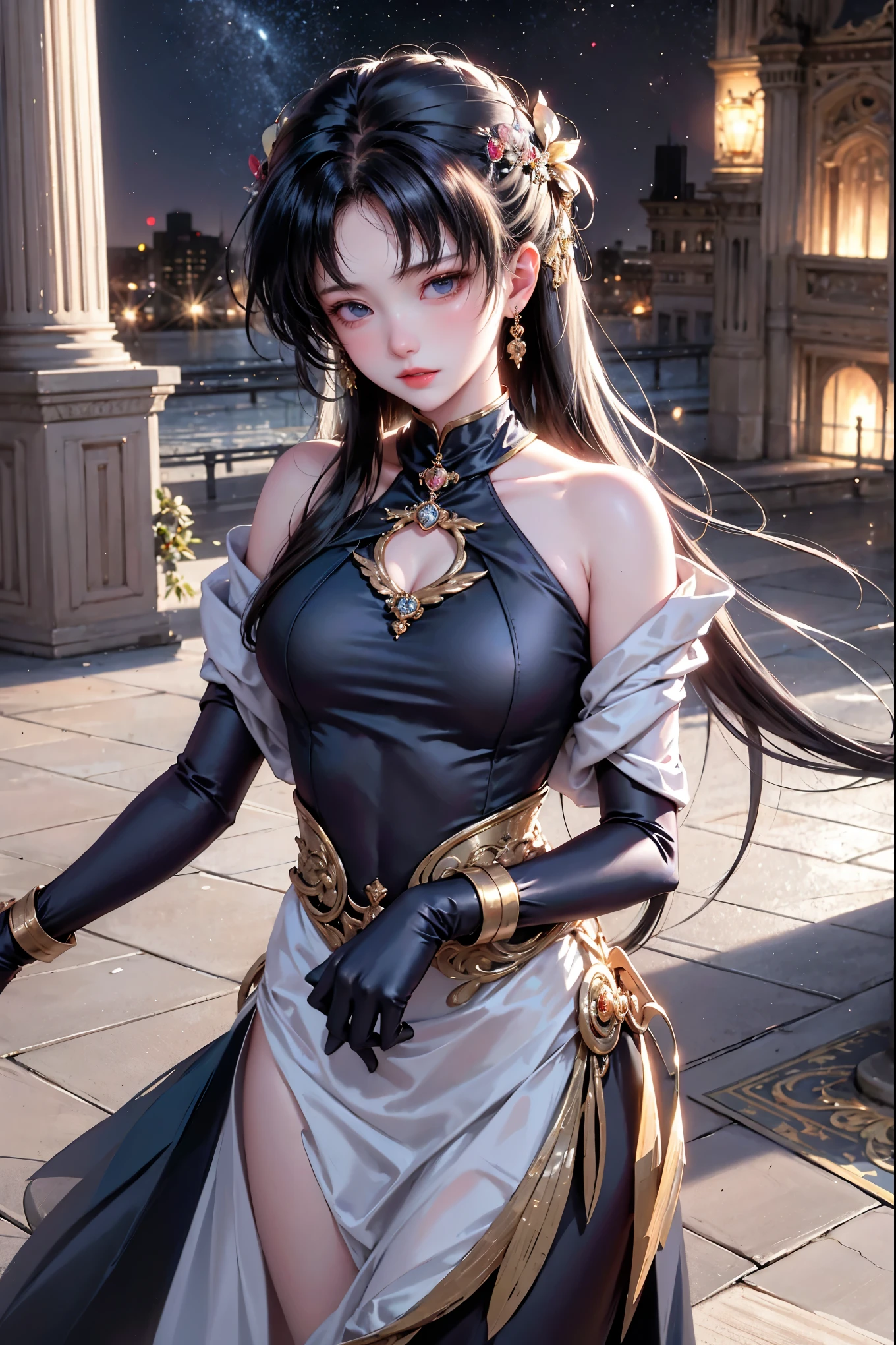 A stunning oil painting by the talented artist Jinxit, depicting an enigmatic femme fatale in a bustling cityscape at night. The woman, with long, sleek hair cascading down her shoulders, wears a cool and simple outfit. A headphone dangles around her neck, and she holds a smartphone in her hand, immersed in her music. The city lights glow vibrantly in the background, teeming with the energy and movement of urban life. Tilting her head down, she exudes confidence and control, her intense gaze revealing her readiness to face any challenge.