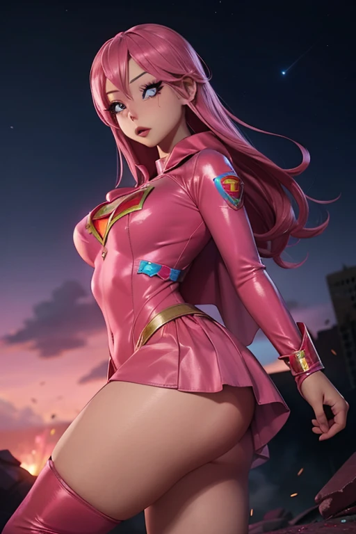 (A superheroine in a pink suit), fights a masked villain, in a post-apocalyptic world, surrounded by zombies and explosions while a meteor shower falls around her.