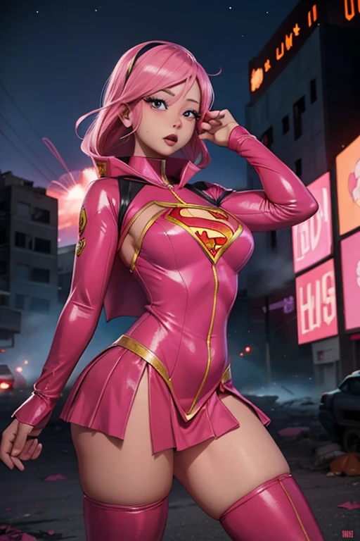 (A superheroine in a pink suit), fights a masked villain, in a post-apocalyptic world, surrounded by zombies and explosions while a meteor shower falls around her.