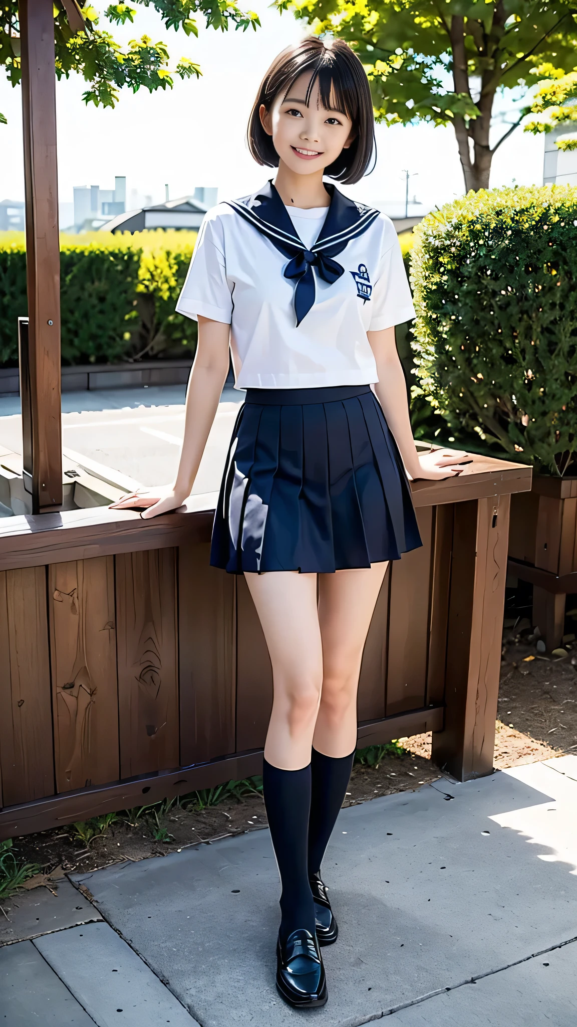 In the best quality、Japanese、Teenage girl standing outdoors。Perfect Anatomy、Correct limbs、High resolution、Beautiful details、Quiet atmosphere。(((Black Bob Hair)))、Cute Smile。white short sleeve sailor uniform、Navy blue pleated skirt、Navy blue socks、Brown Loafers、Random Pause