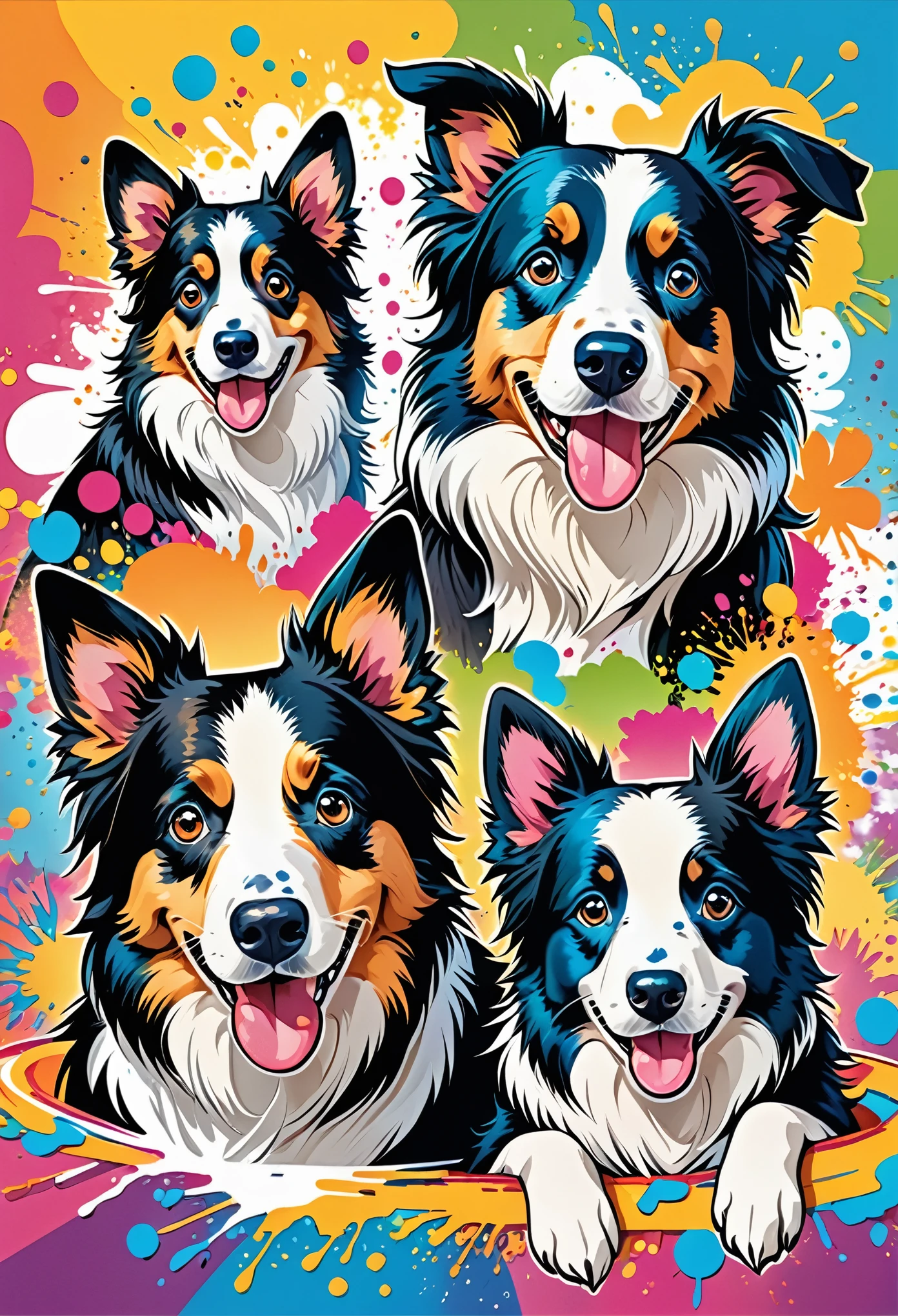 Vector Art, Colorful illustration with lots of cute border collies, In the center, Vibrant colors, Paint splatters and stains, High Detail,Hawaiian style background
