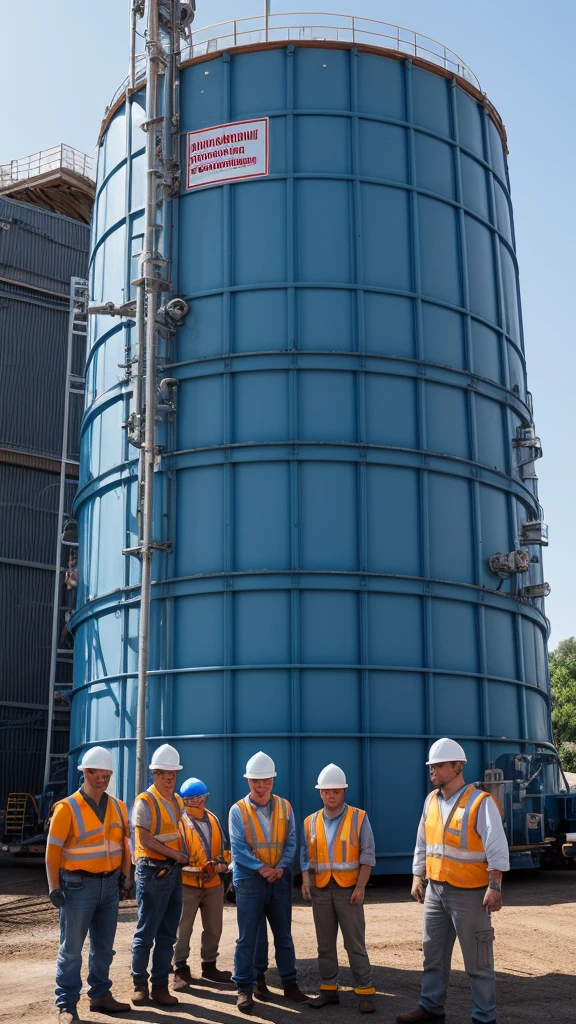Create an image of landscape photography, huge water tanks in blue color, bright sky, environmental portrait, engineering portrait, worksafe. instagram photo, people at work, water industries, engineering, corporate photo, industrial photo, look at the details.