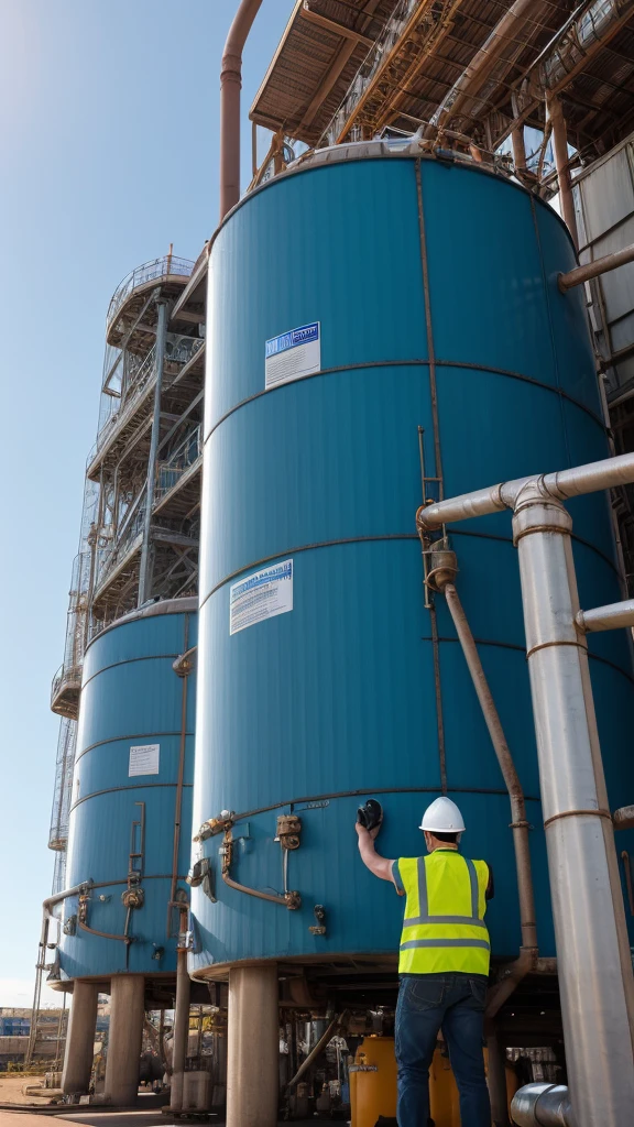 Create an image of landscape photography, huge water tanks in blue color, bright sky, environmental portrait, engineering portrait, worksafe. instagram photo, people at work, water industries, engineering, corporate photo, industrial photo, look at the details. 