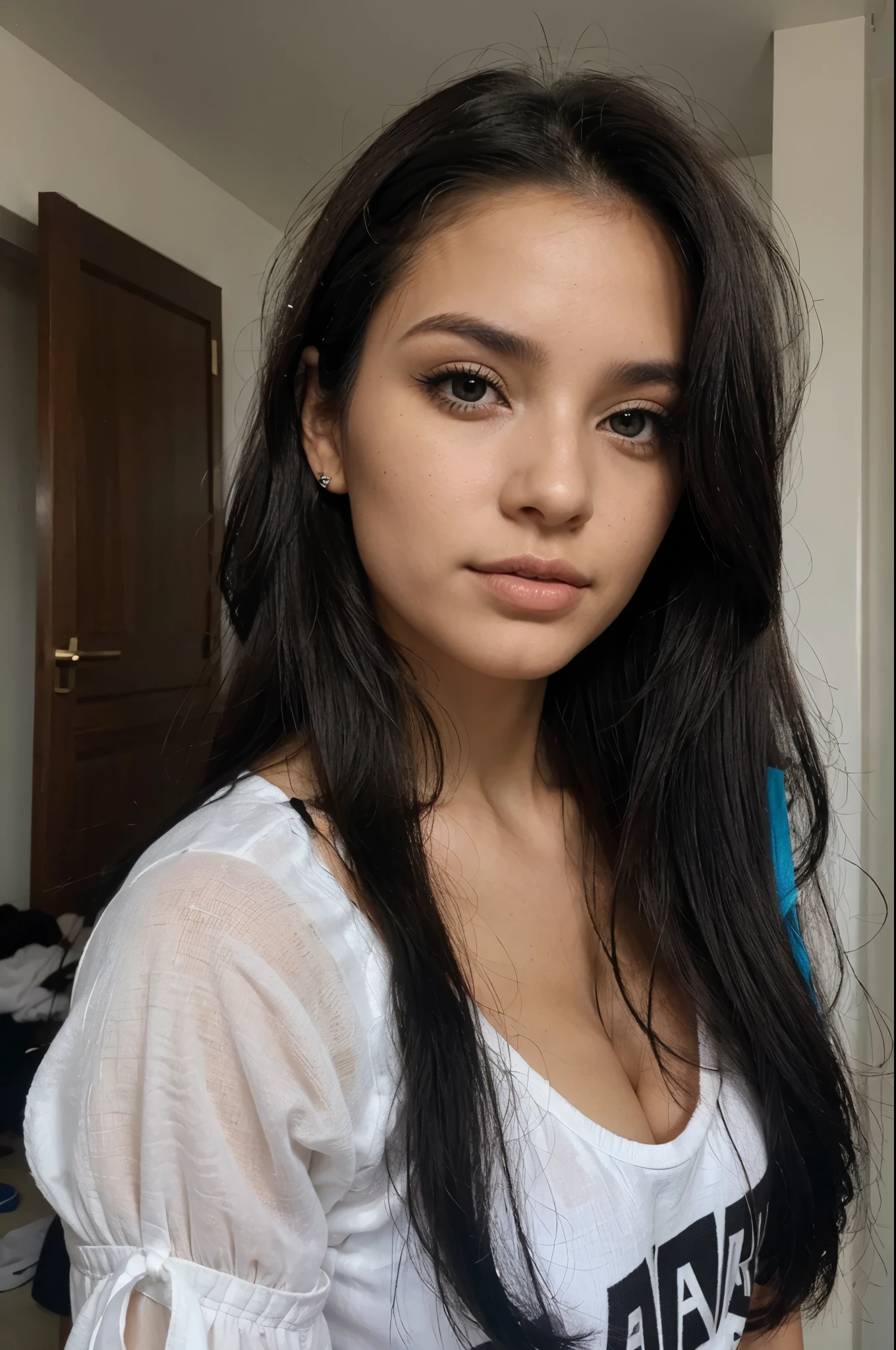 Obra maestra, chica joven, guapa, pelo negro, pelo largo, ojos azules, pecho grande, selfie