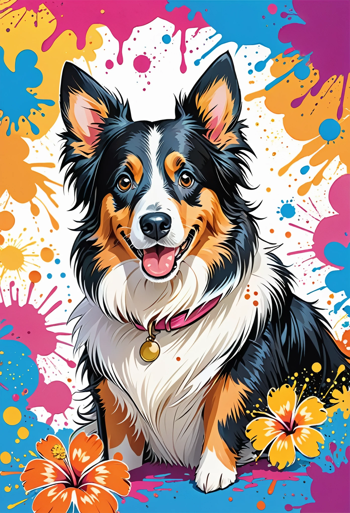 Vector Art, Colorful illustration with lots of cute border collies, In the center, Vibrant colors, Paint splatters and stains, High Detail,Hawaiian style background