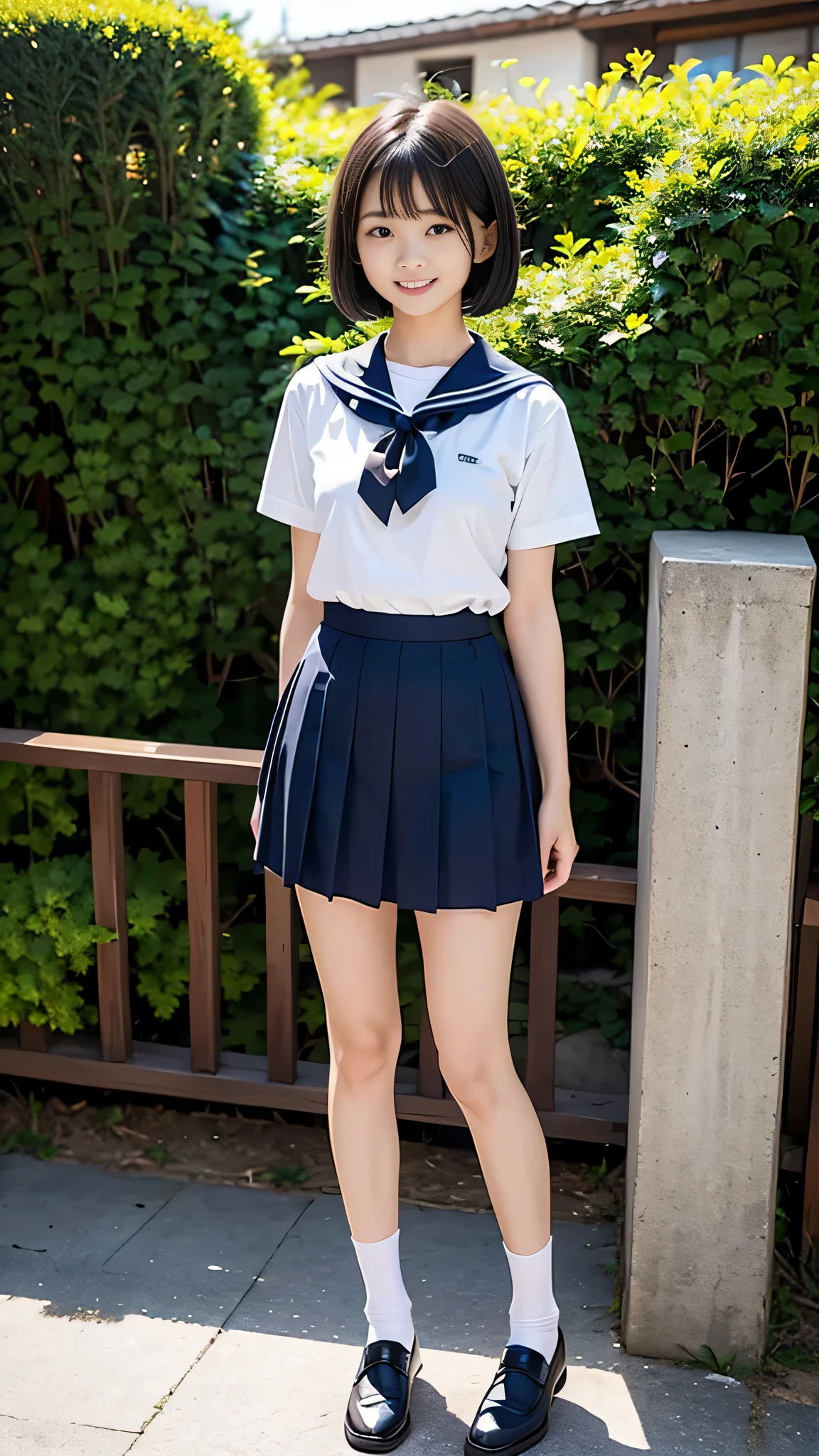 In the best quality、Japanese、Teenage girl standing outdoors。Perfect Anatomy、Correct limbs、High resolution、Beautiful details、Quiet atmosphere。(((Black Bob Hair)))、Cute Smile。white short sleeve sailor uniform、Navy blue pleated skirt、Navy blue socks、Brown Loafers、Random Pause