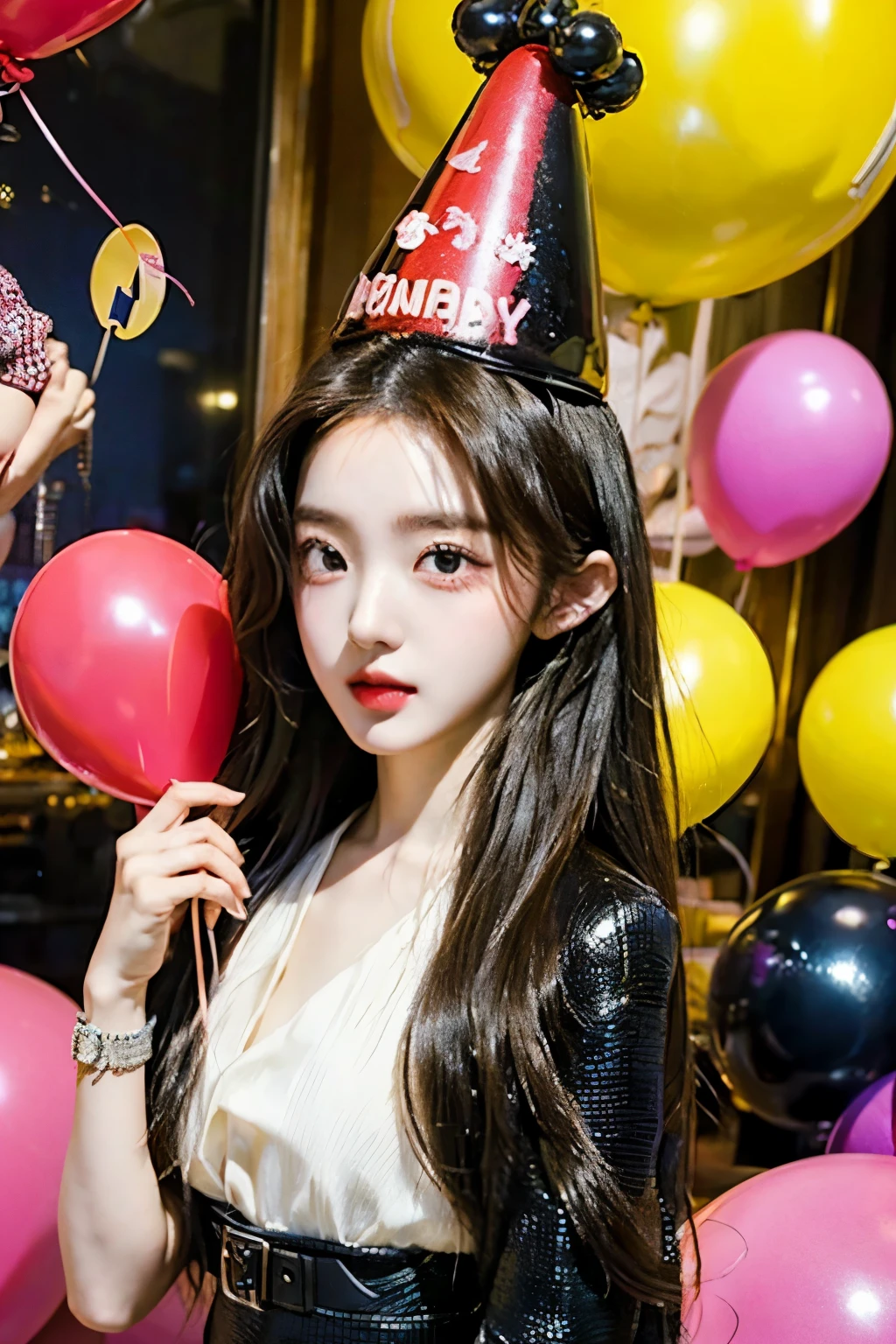 masterpiece、best quality、movie、(cute japanese girl、forehead:1.3)、23 years old、1 girl、elegant、black hair、(dinner:1.1)、Birthday Cake, party hat, number balloons, Colorful backgrounds, Color Explosion,